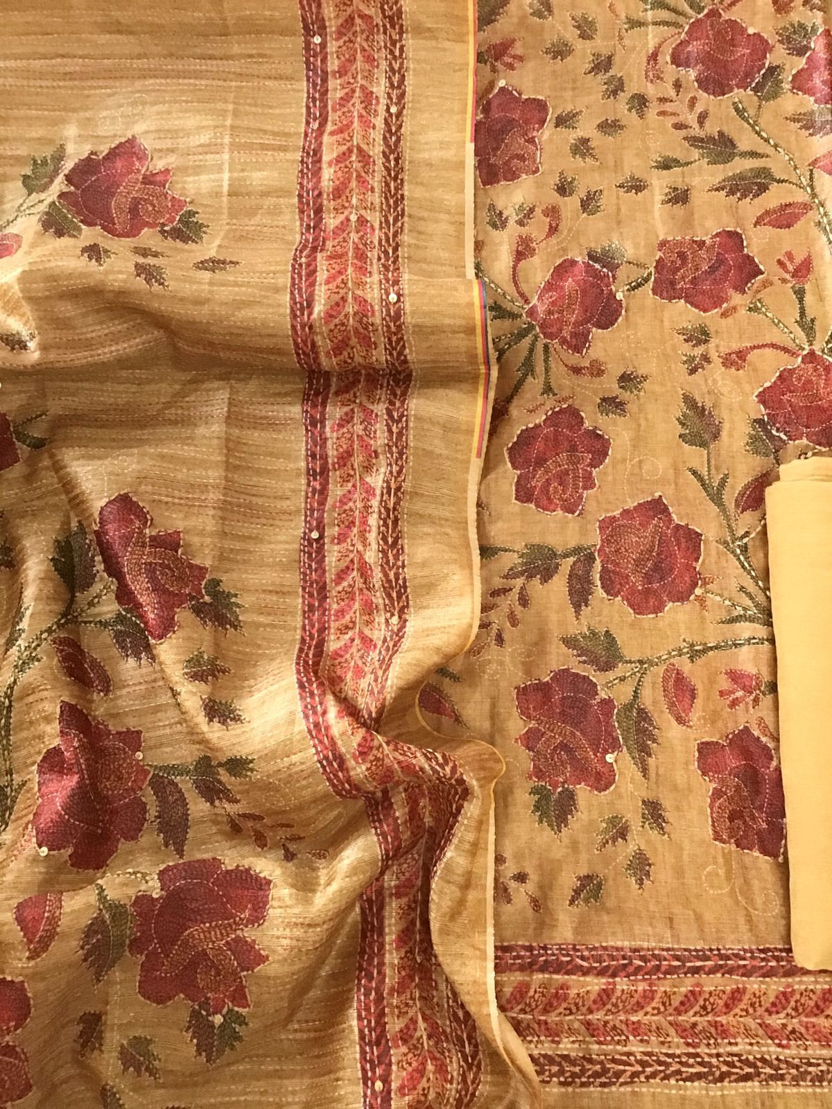 Soft Semi Raw Silk Printed Embroidered Suit - Yellow