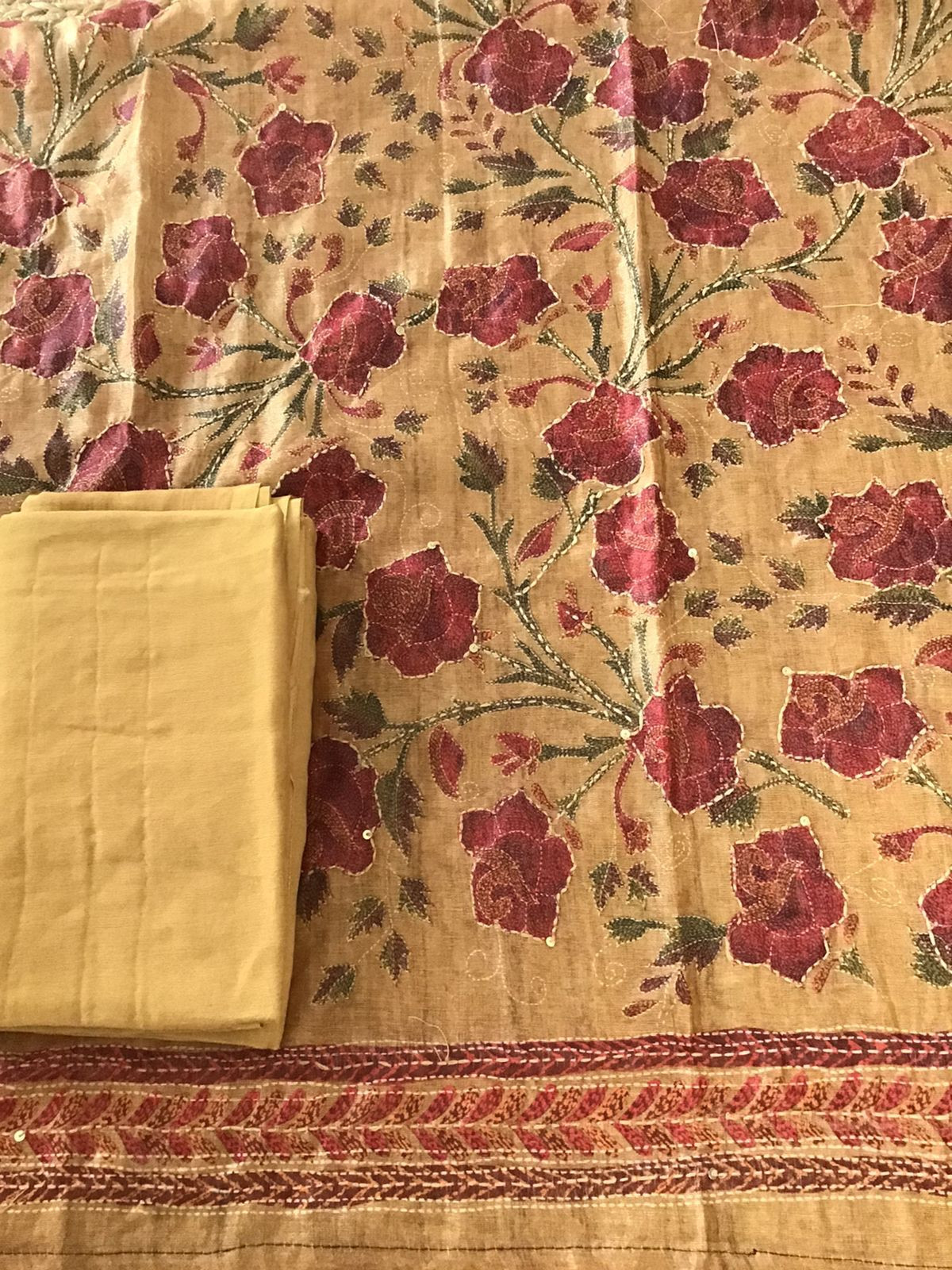 Soft Semi Raw Silk Printed Embroidered Suit - Yellow