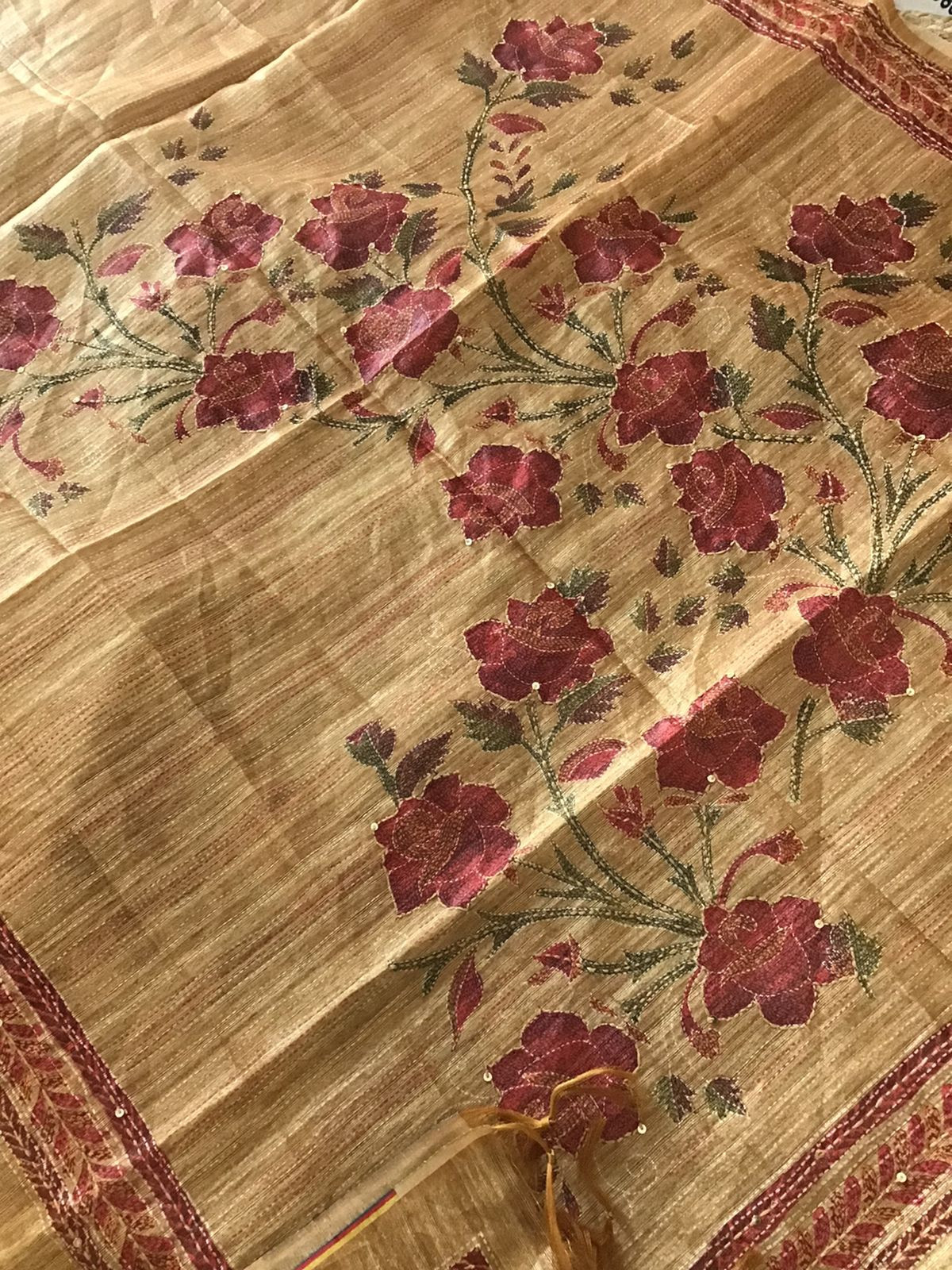 Soft Semi Raw Silk Printed Embroidered Suit - Yellow