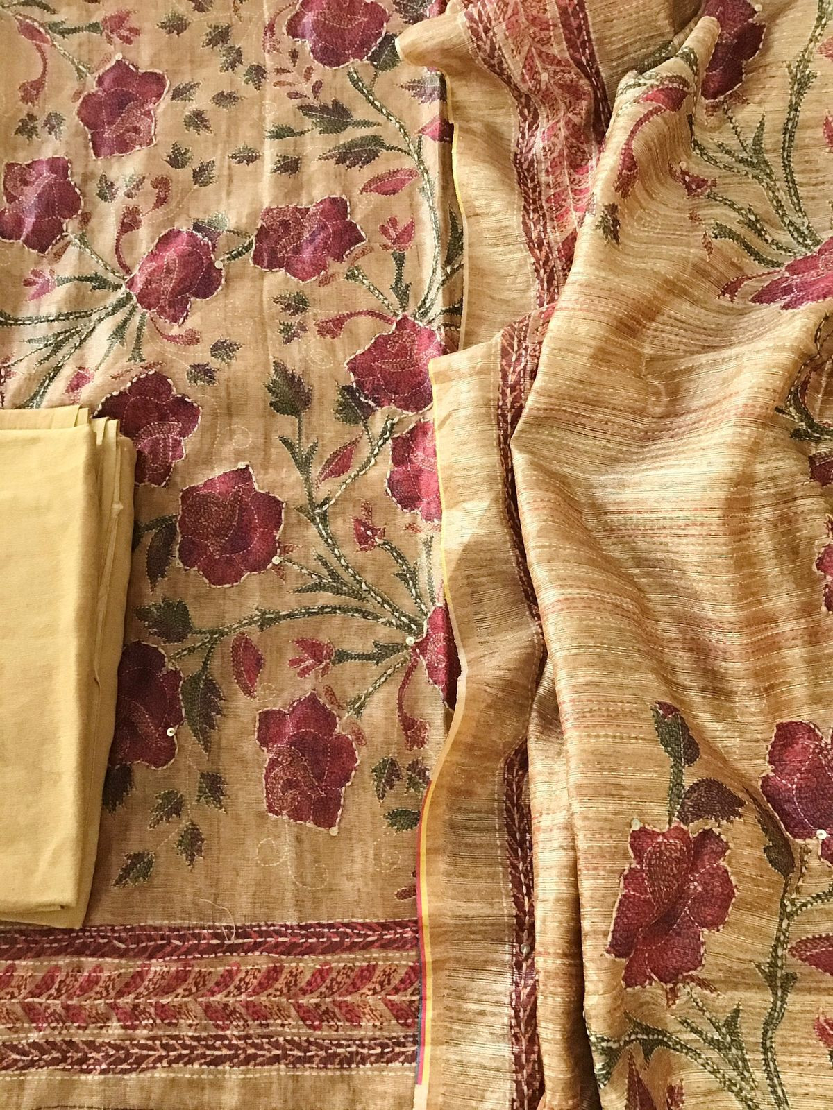 Soft Semi Raw Silk Printed Embroidered Suit - Yellow