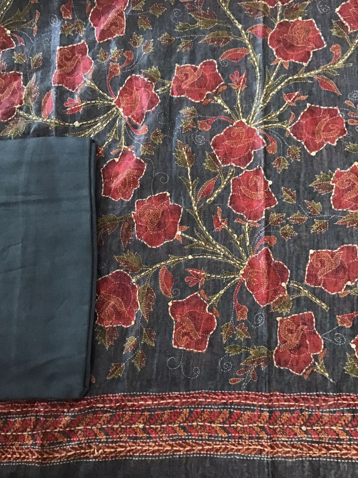 Soft Semi Raw Silk Printed Embroidered Suit - Grey