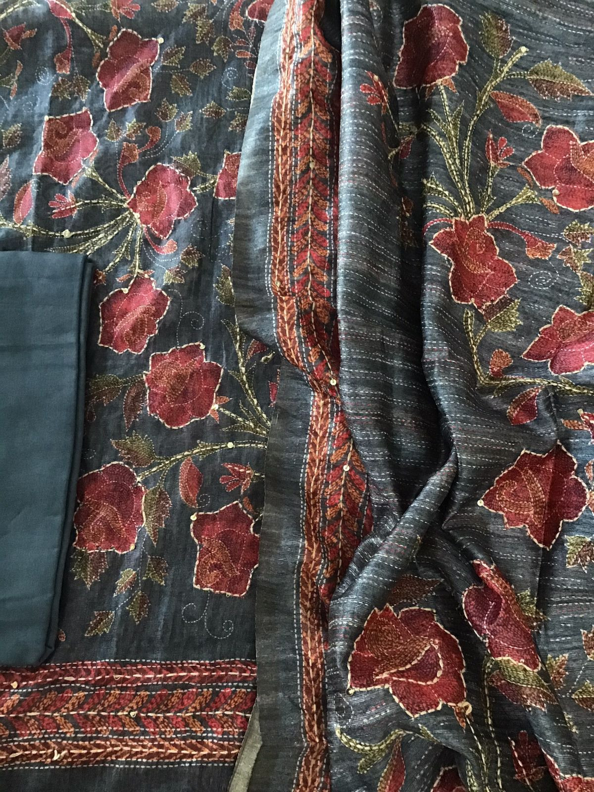 Soft Semi Raw Silk Printed Embroidered Suit - Grey