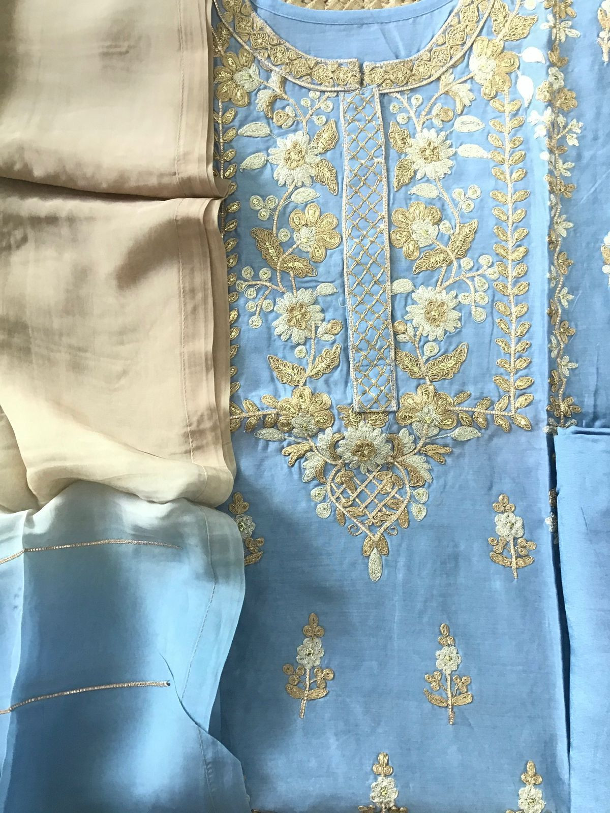 Pure Chanderi Embroidered Suit - Blue