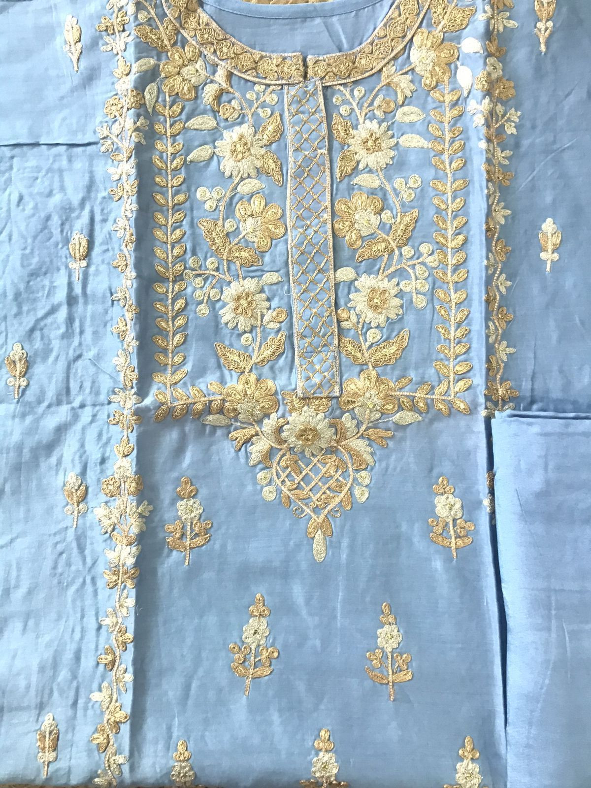 Pure Chanderi Embroidered Suit - Blue