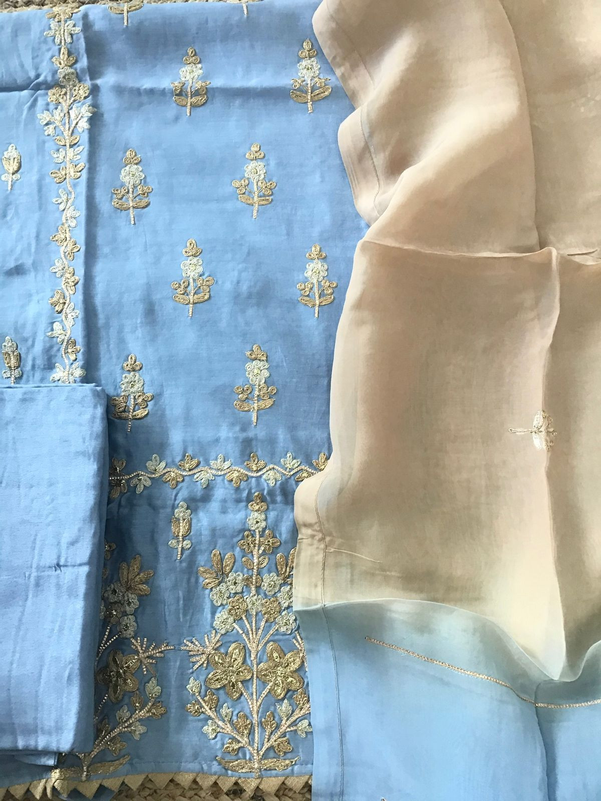 Pure Chanderi Embroidered Suit - Blue
