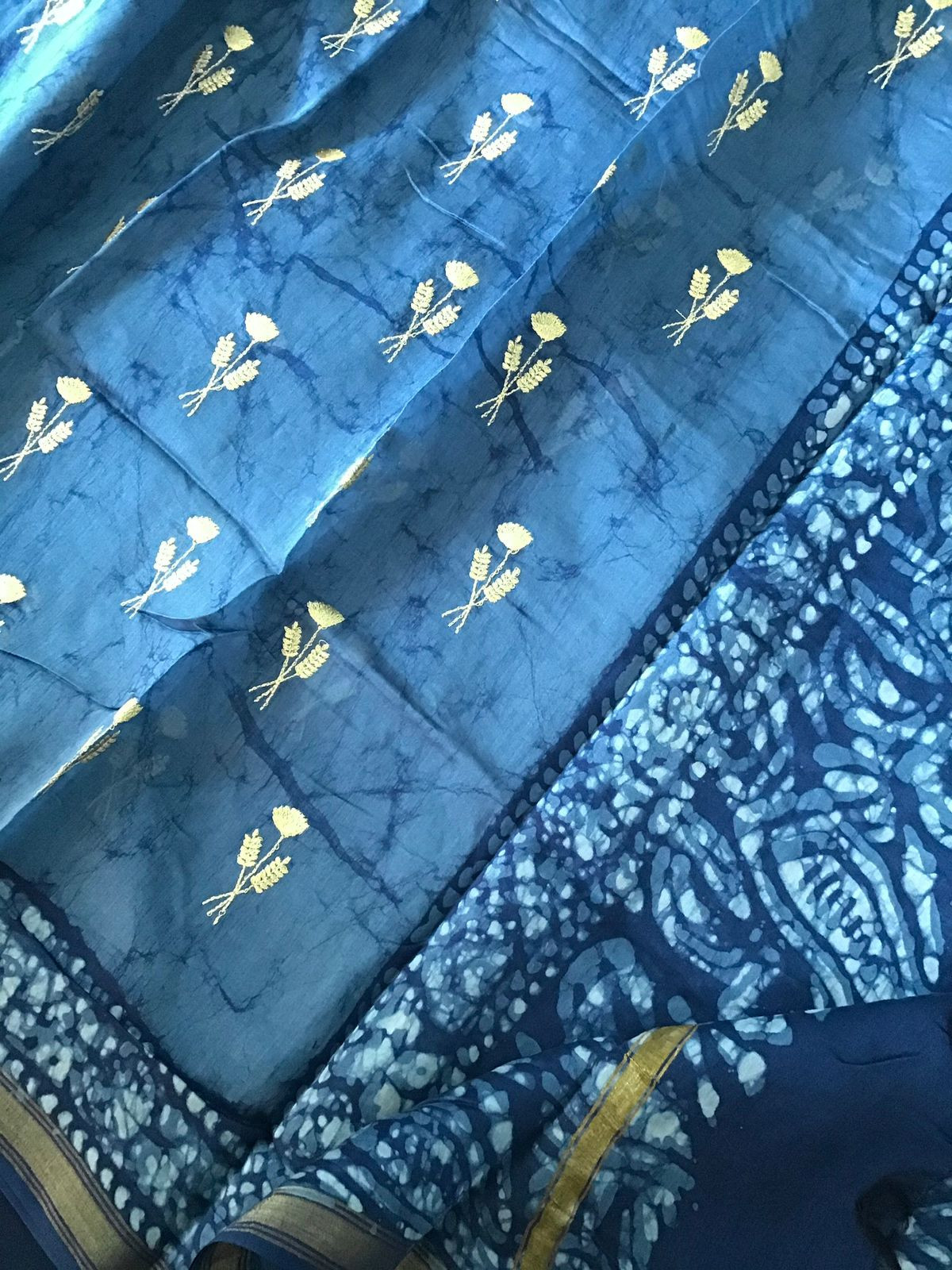 Pure Chanderi Batik Printed Embroidered Suit - Blue