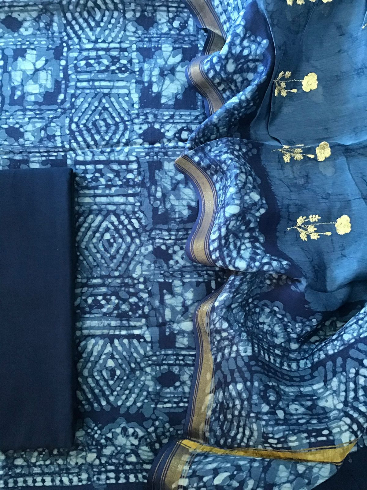 Pure Chanderi Batik Printed Embroidered Suit - Blue