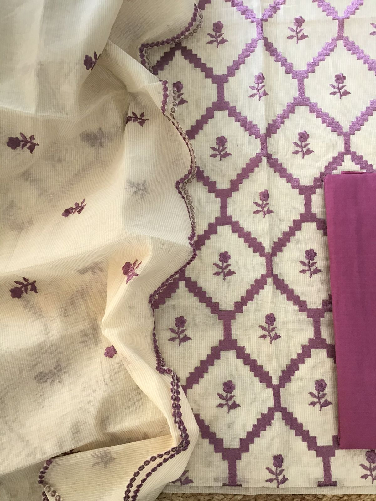 Pure Maheshwari Embroidered Suit - Offwhite