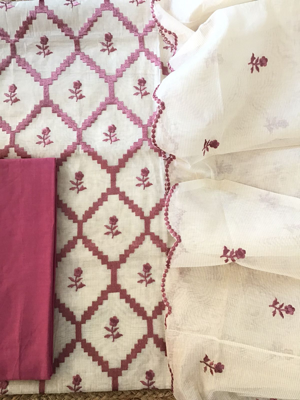 Pure Maheshwari Embroidered Suit - Offwhite