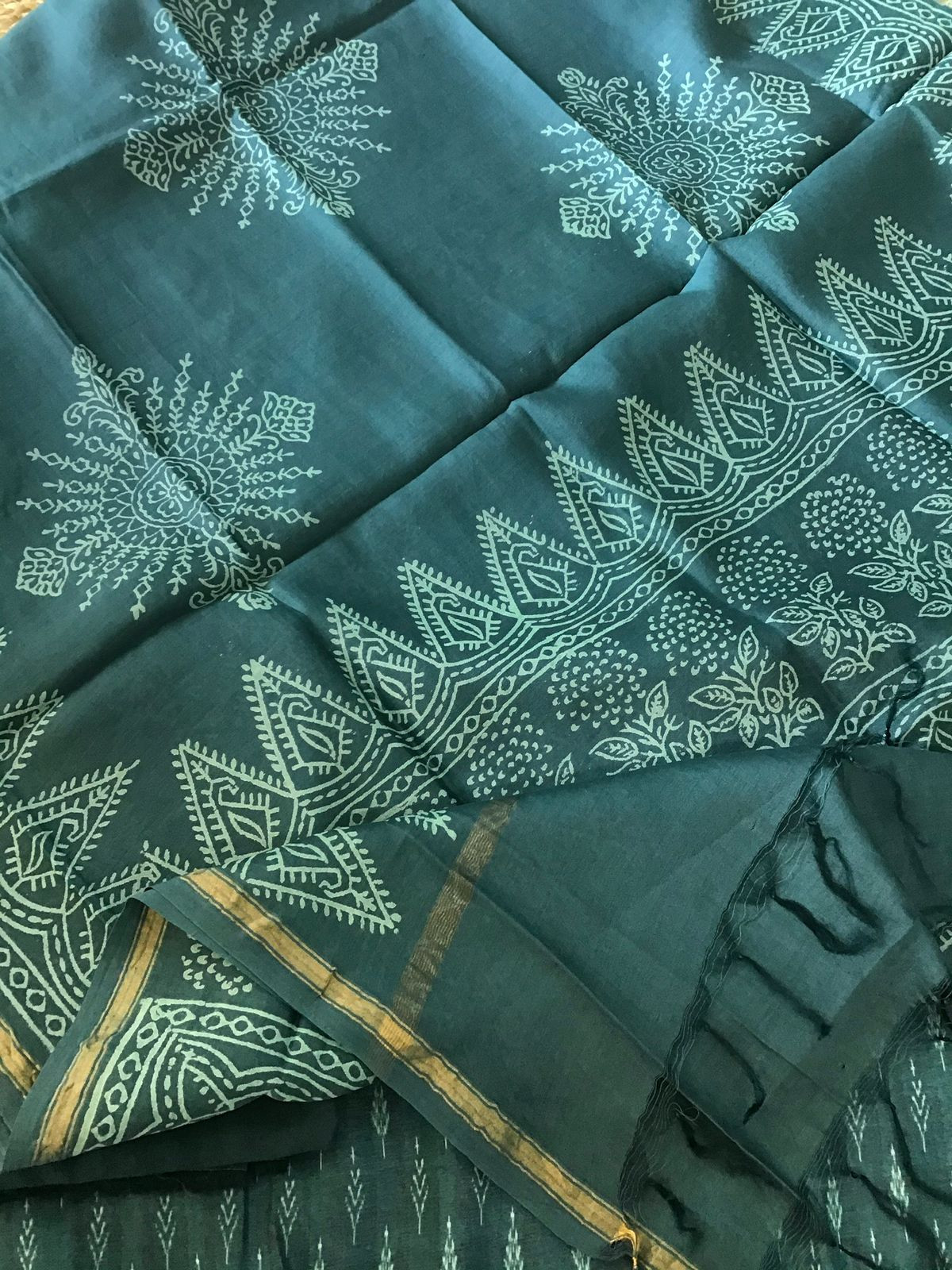 Soft Kora Chanderi Printed Embroidered Suit - Green