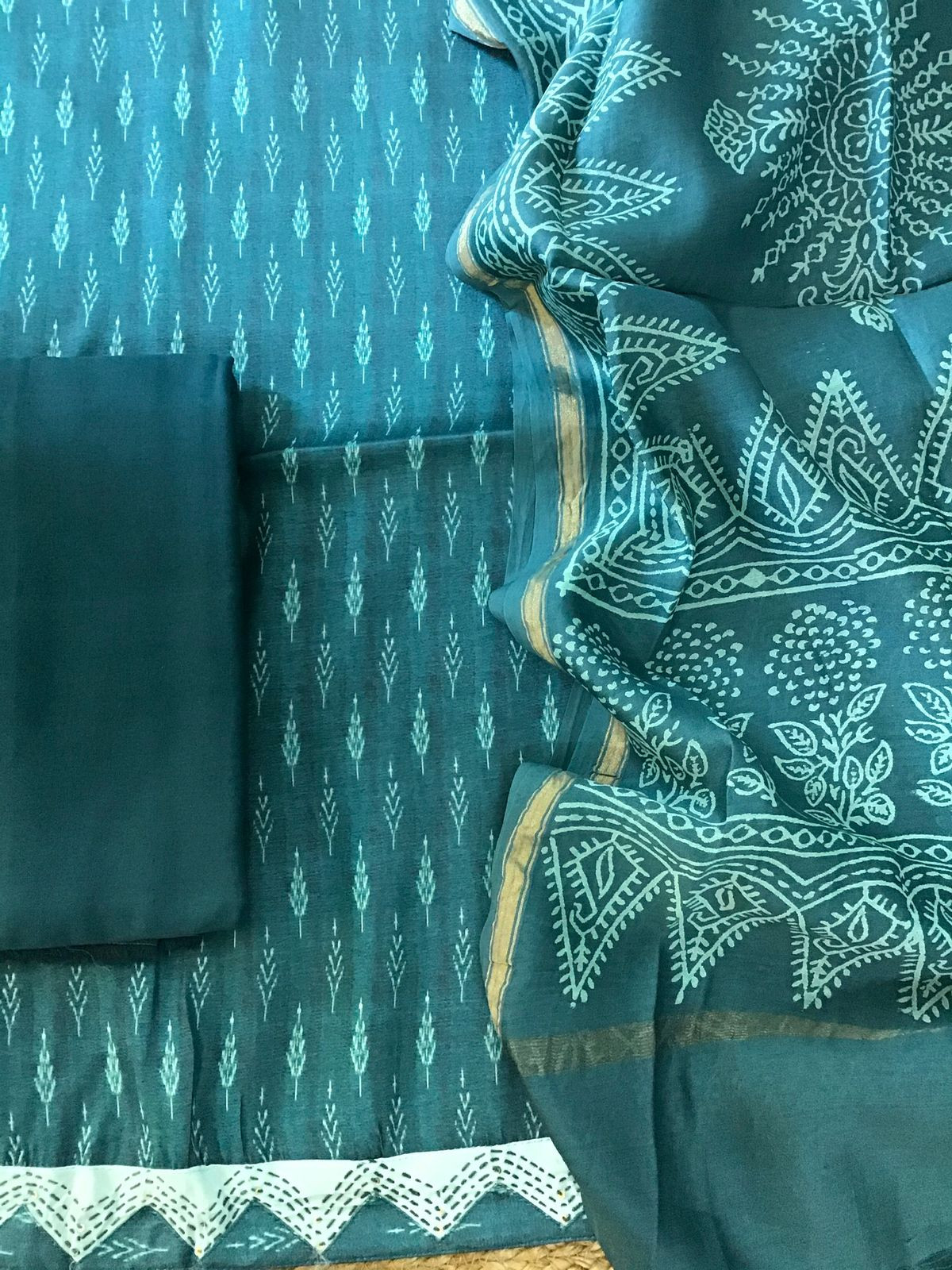 Soft Kora Chanderi Printed Embroidered Suit - Green