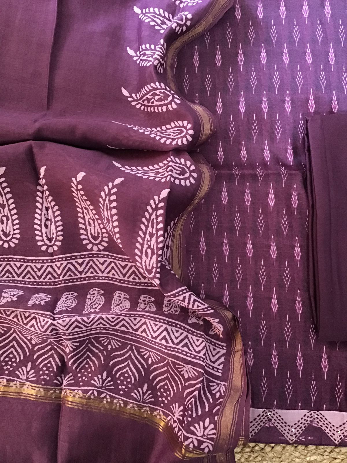 Soft Kora Chanderi Printed Embroidered Suit - Wine