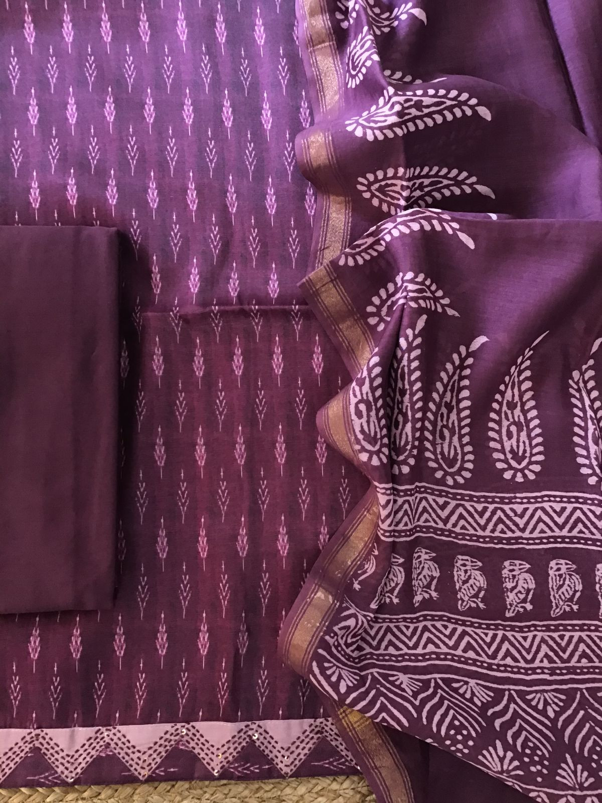 Soft Kora Chanderi Printed Embroidered Suit - Wine