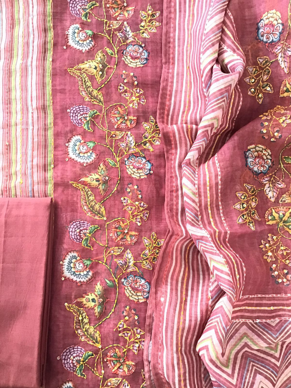 Soft Linen Jute Cotton Printed Embroidered Suit - Dark Pink