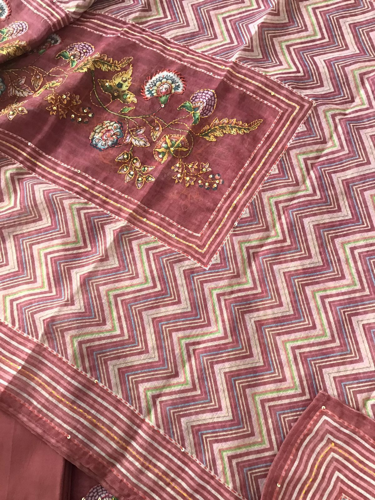 Soft Linen Jute Cotton Printed Embroidered Suit - Dark Pink
