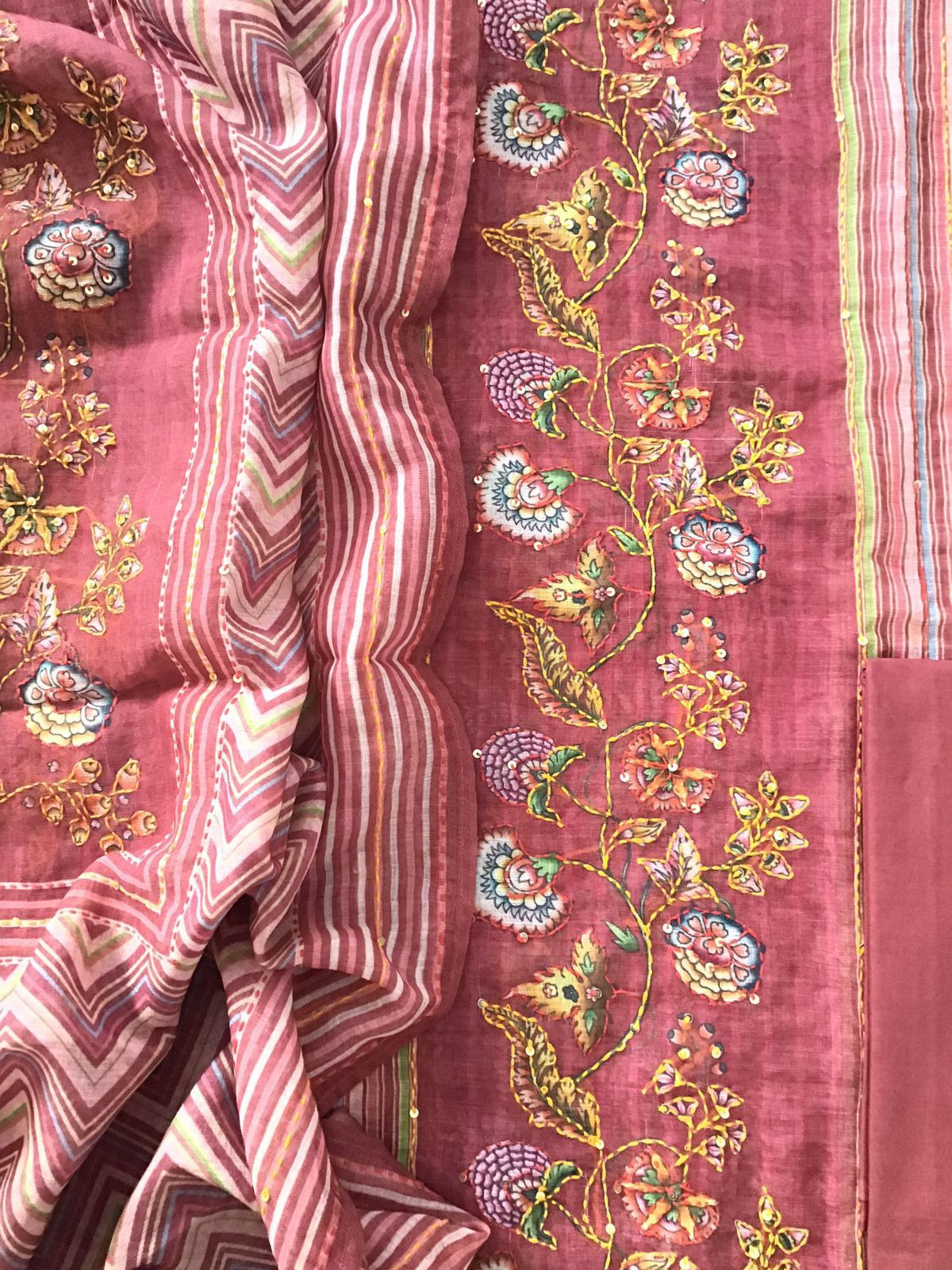 Soft Linen Jute Cotton Printed Embroidered Suit - Dark Pink