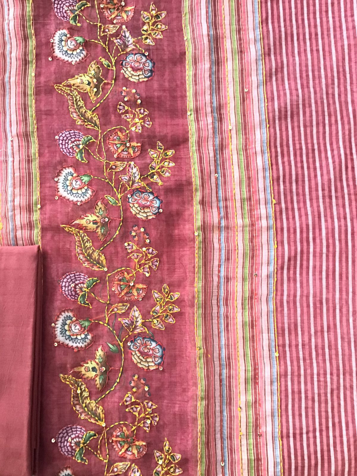 Soft Linen Jute Cotton Printed Embroidered Suit - Dark Pink