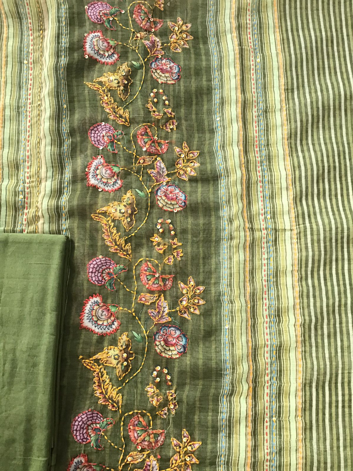 Soft Linen Jute Cotton Printed Embroidered Suit - Green
