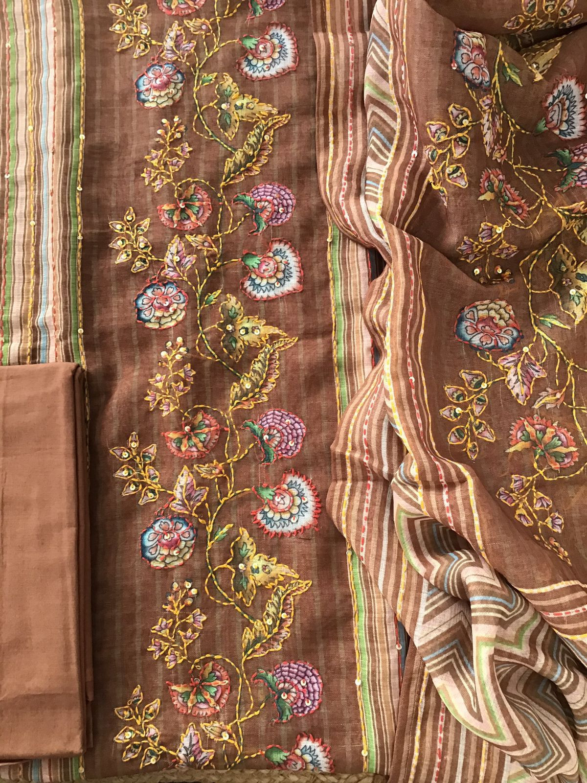 Soft Linen Jute Cotton Printed Embroidered Suit - Brown