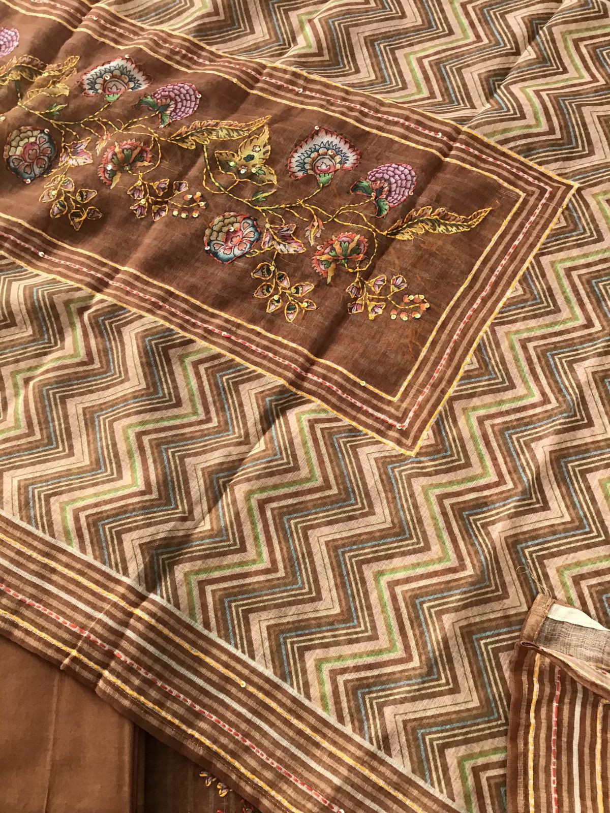 Soft Linen Jute Cotton Printed Embroidered Suit - Brown