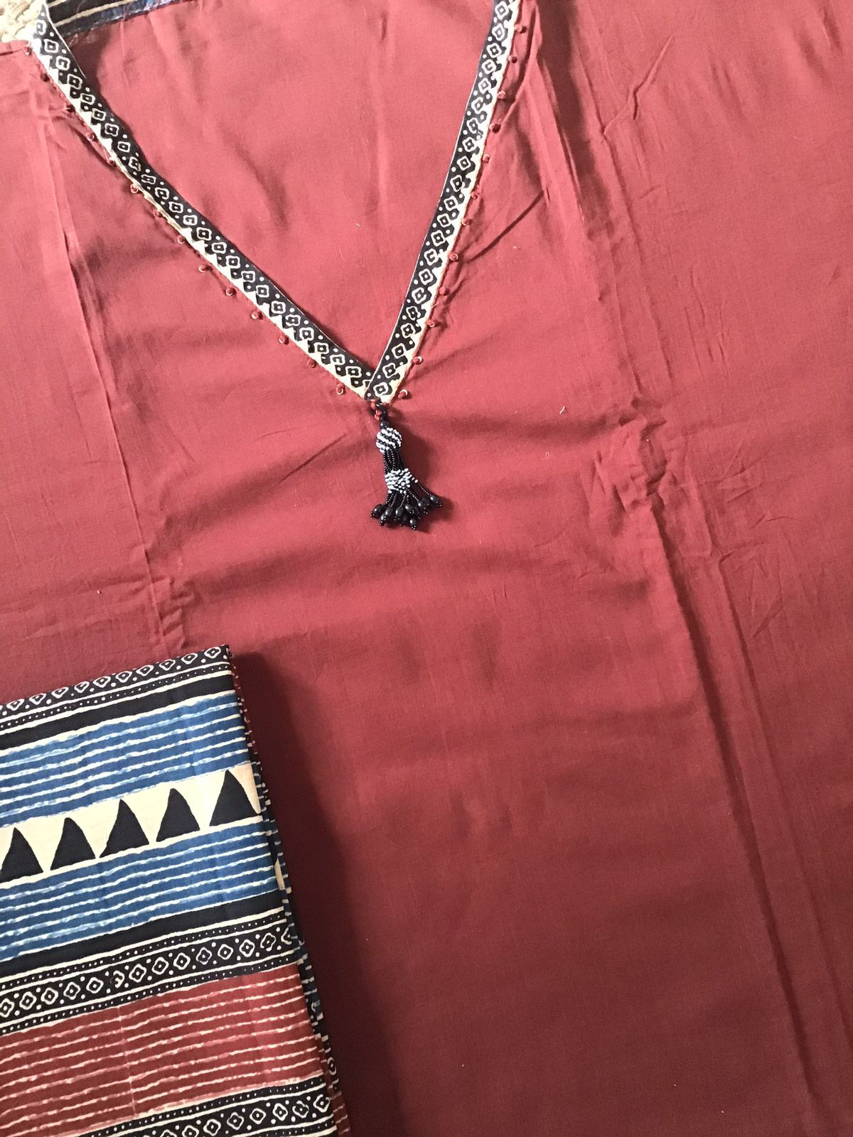 Pure Cotton Printed Embroidered Suit - Brick Red