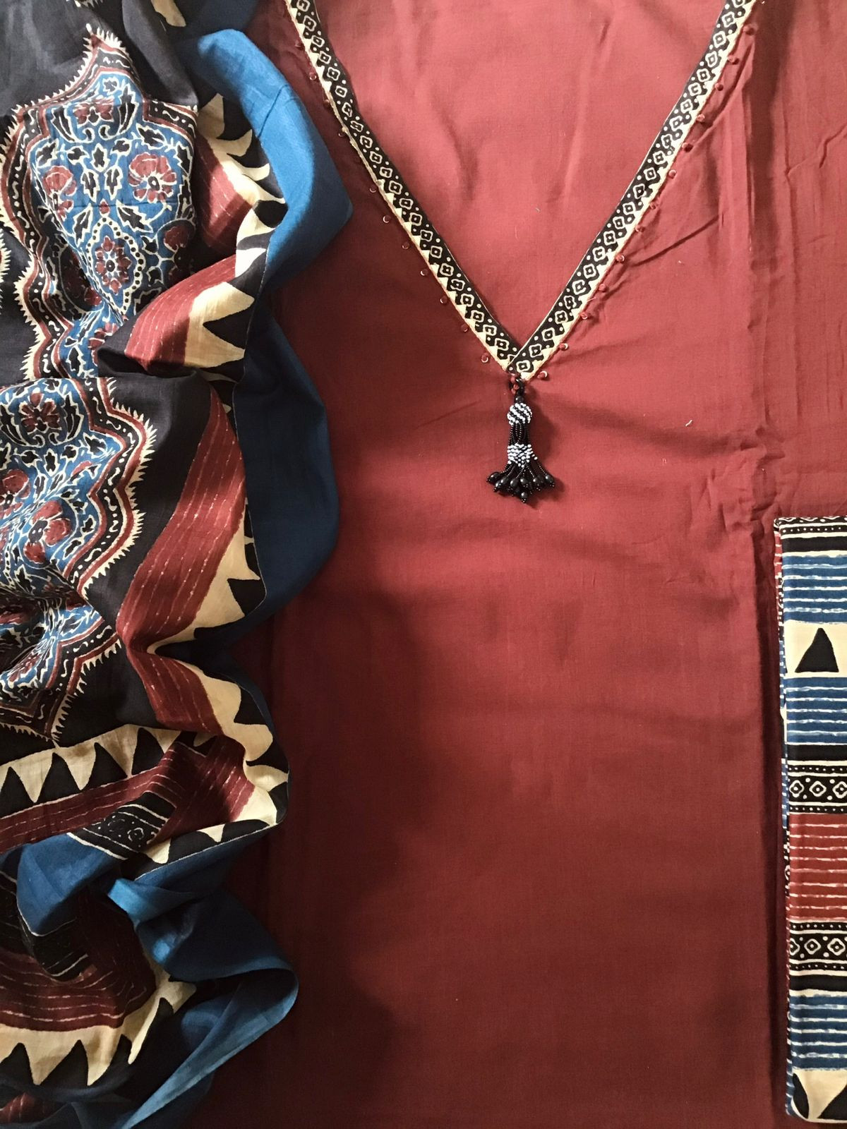 Pure Cotton Printed Embroidered Suit - Brick Red