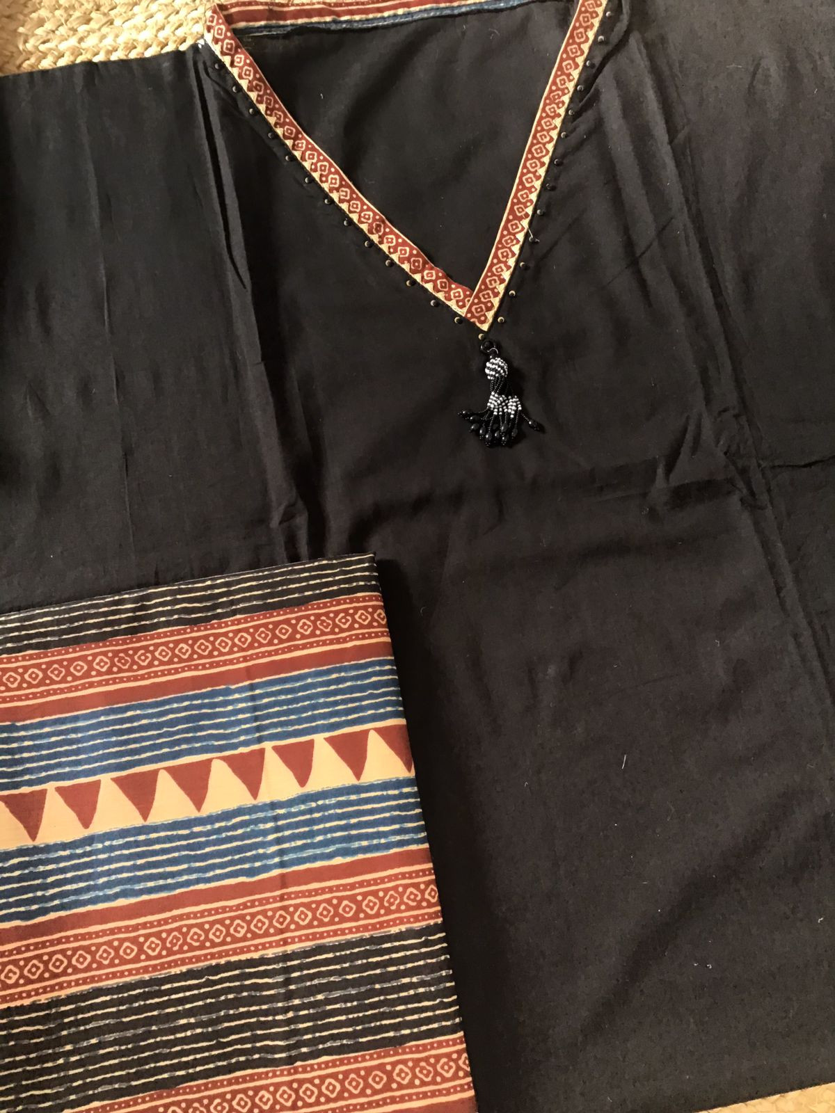 Pure Cotton Printed Embroidered Suit - Black