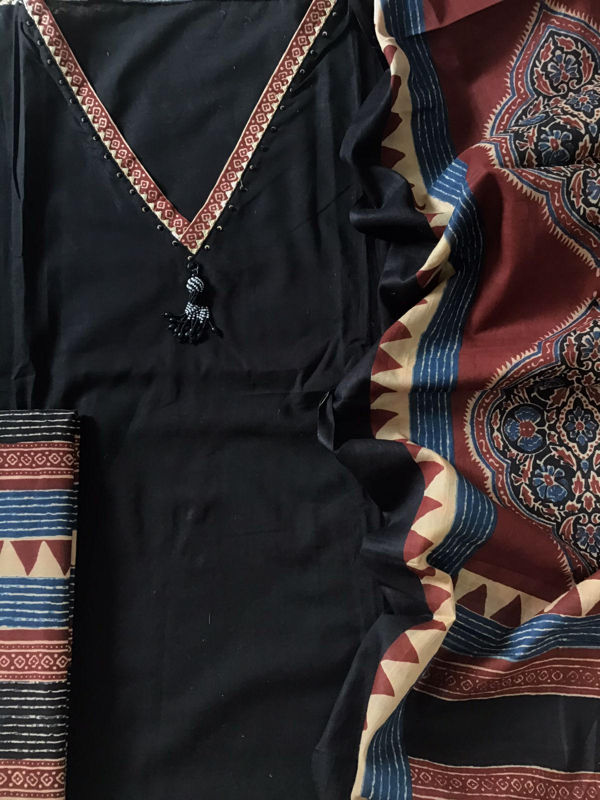 Pure Cotton Printed Embroidered Suit - Black