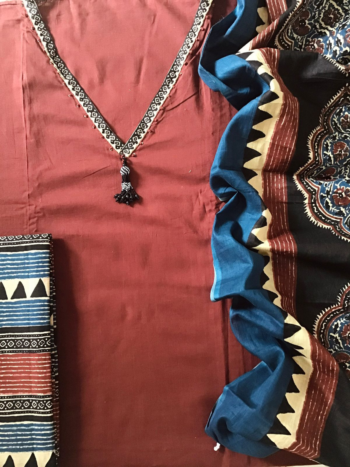 Pure Cotton Printed Embroidered Suit - Brick Red