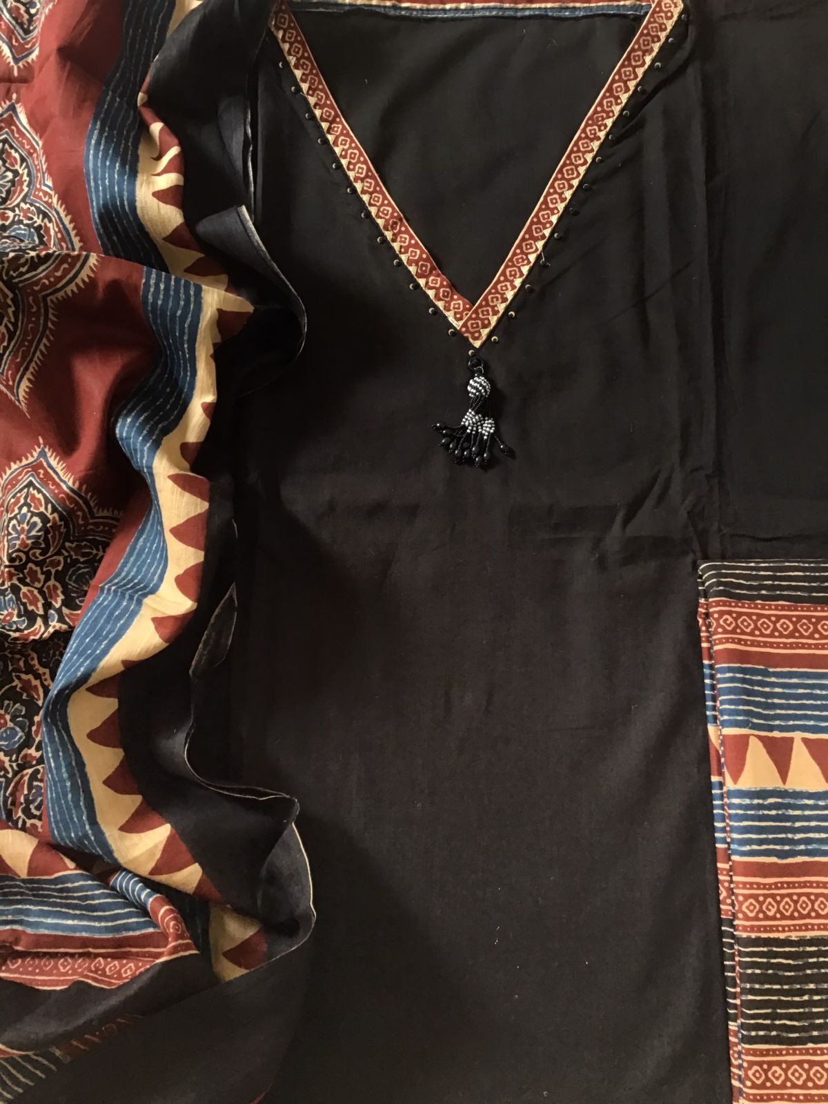 Pure Cotton Printed Embroidered Suit - Black