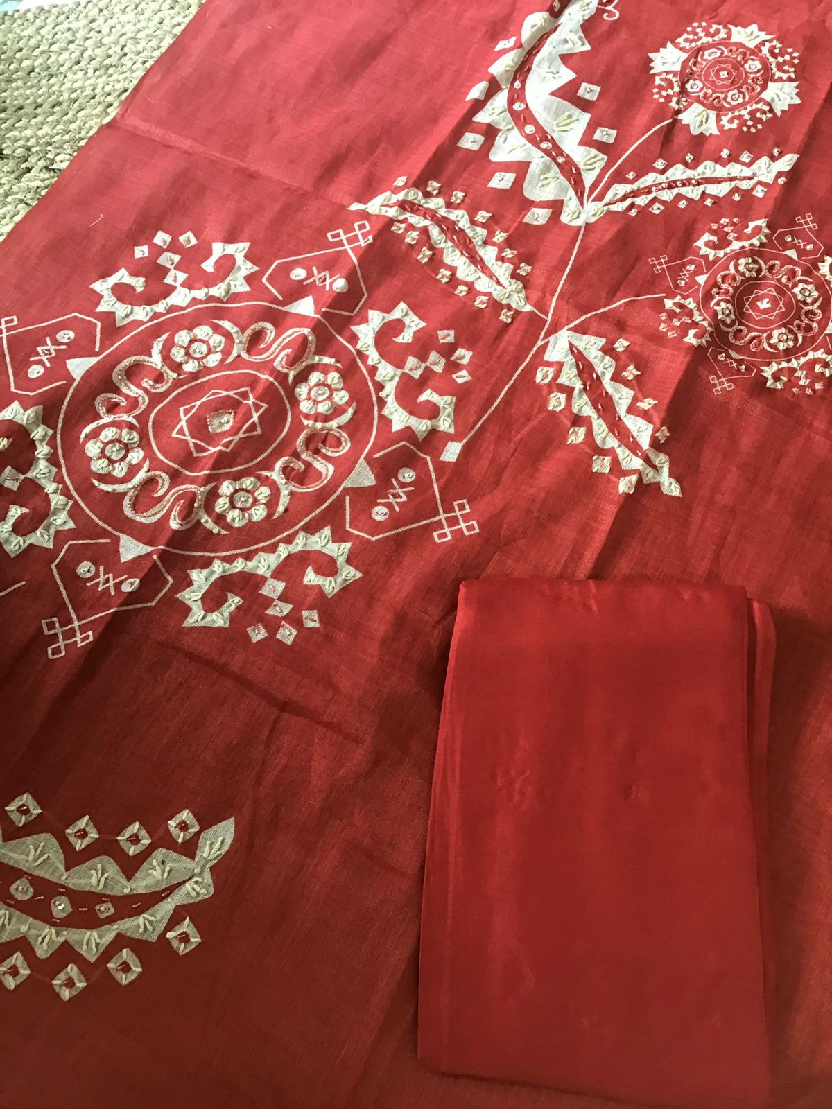 Soft Tissue Slub Cotton Printed Embroidered Suit - Red