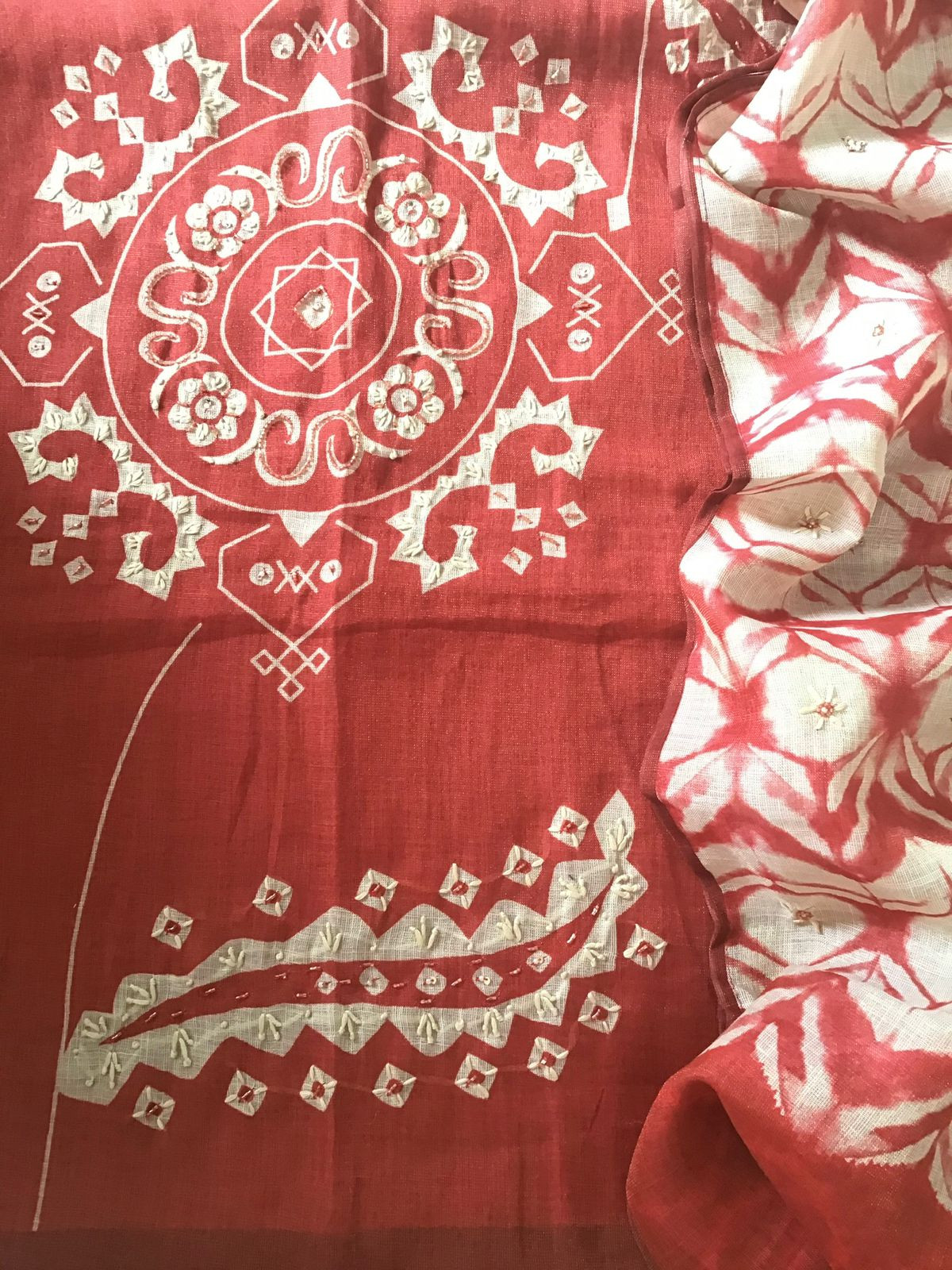 Soft Tissue Slub Cotton Printed Embroidered Suit - Red