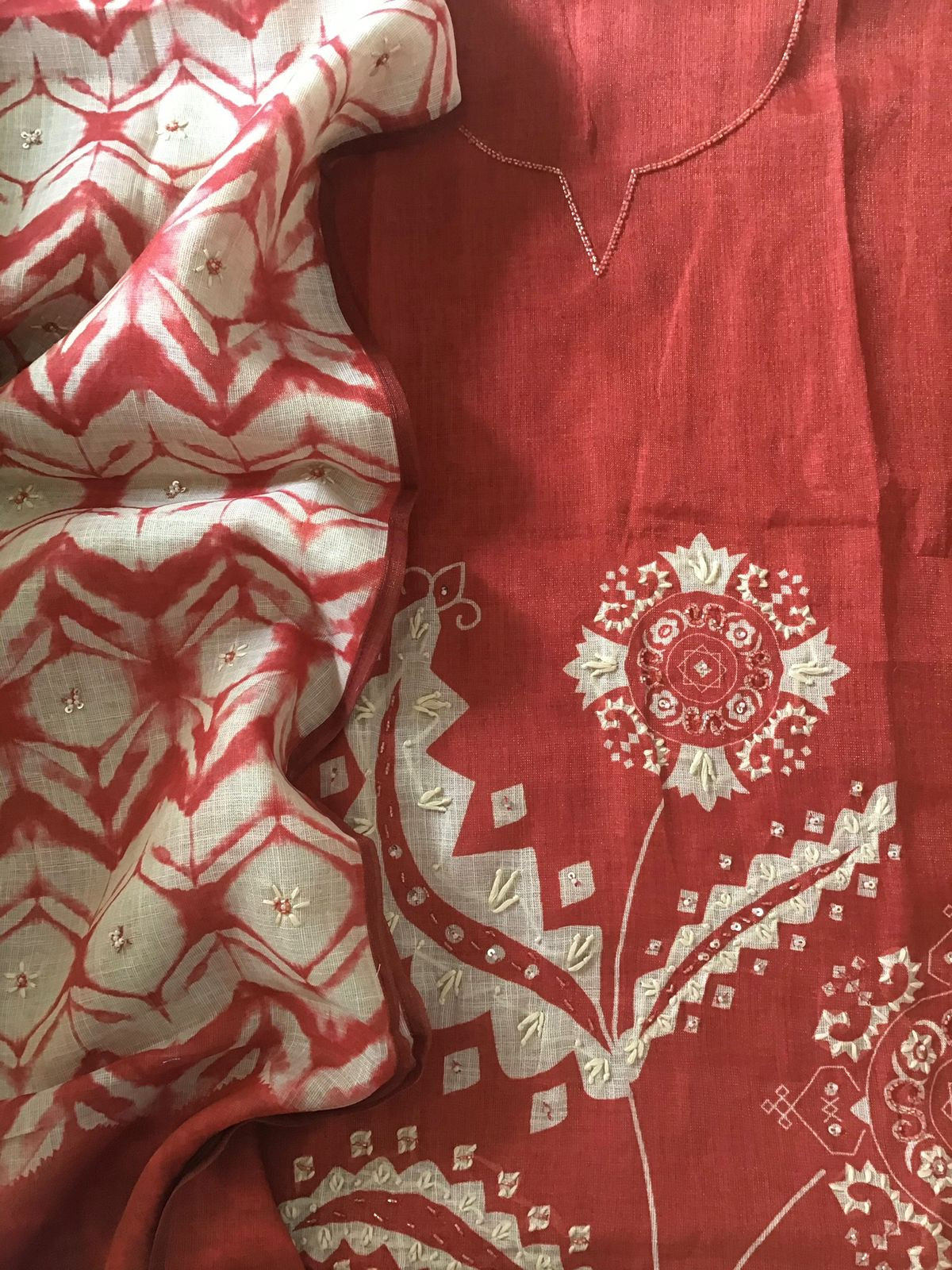 Soft Tissue Slub Cotton Printed Embroidered Suit - Red