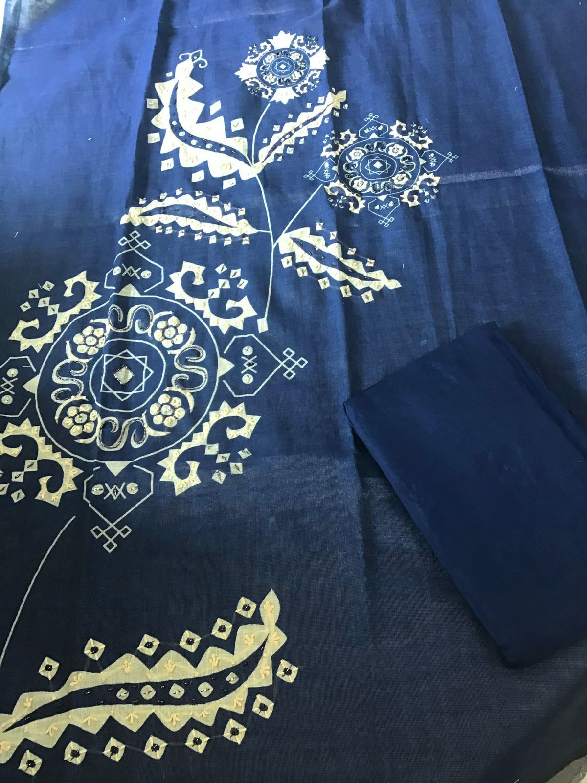 Soft Tissue Slub Cotton Printed Embroidered Suit - Blue
