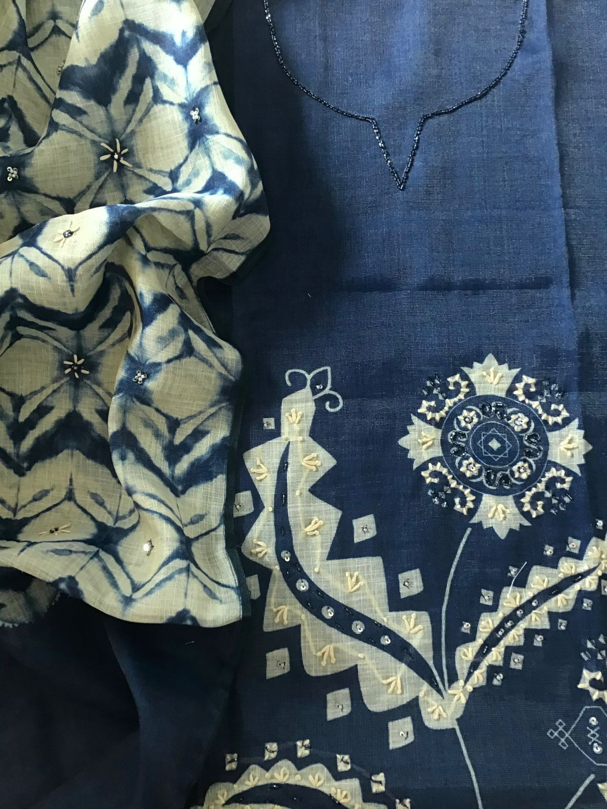 Soft Tissue Slub Cotton Printed Embroidered Suit - Blue