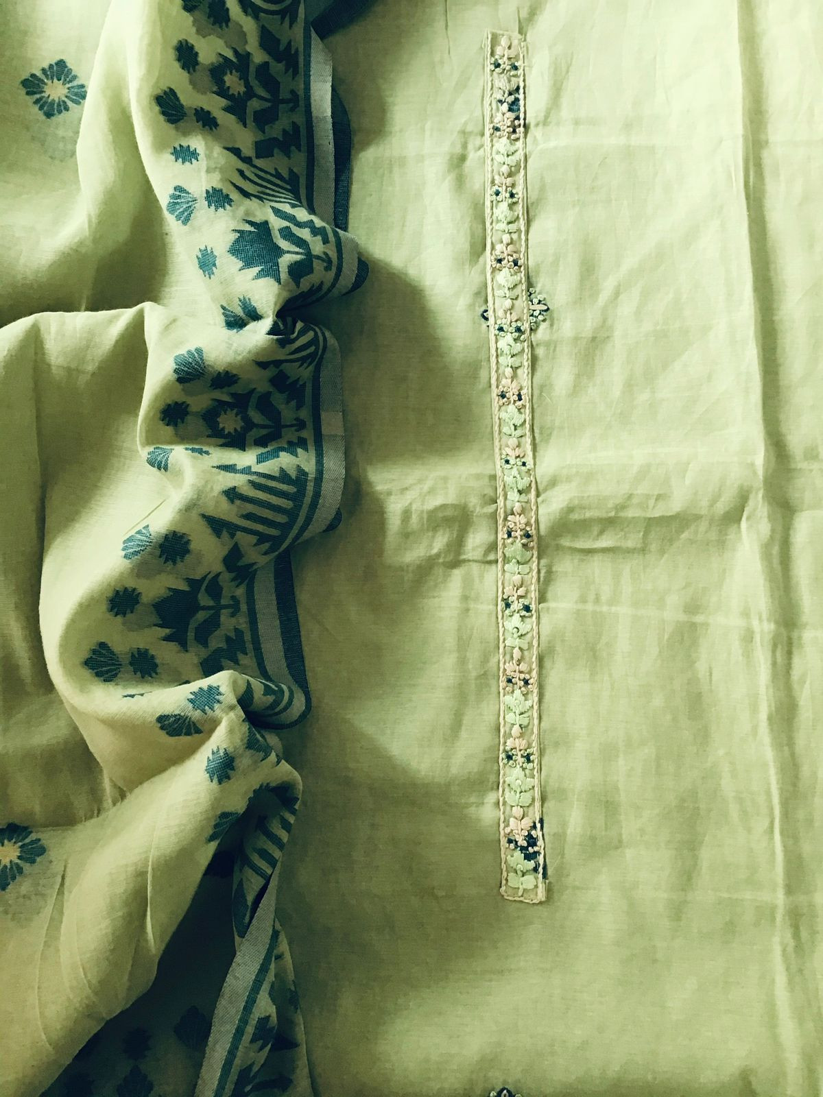 Soft Slub Chanderi Jamdani Weaved Embroidered Suit - Green