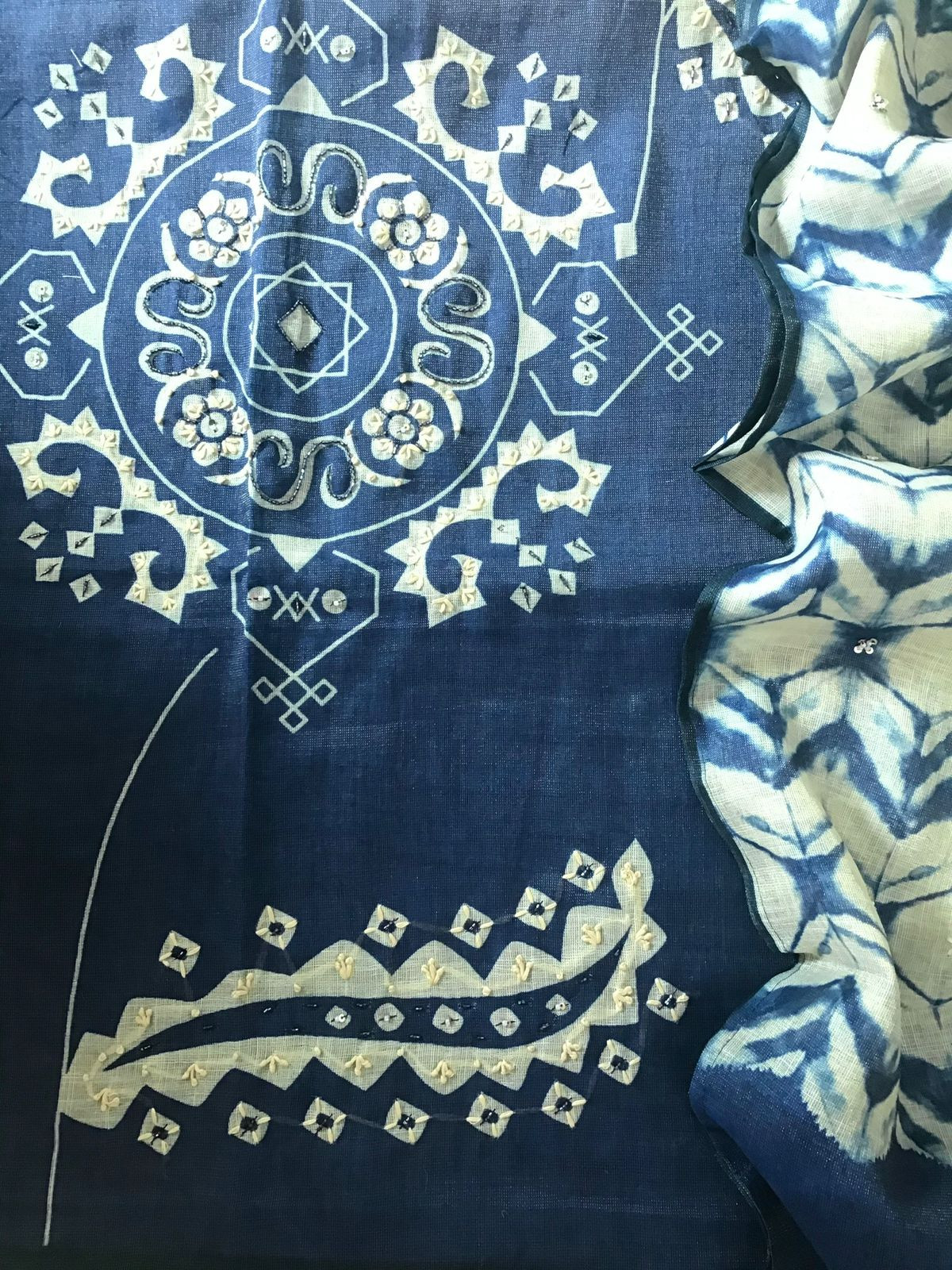 Soft Tissue Slub Cotton Printed Embroidered Suit - Blue