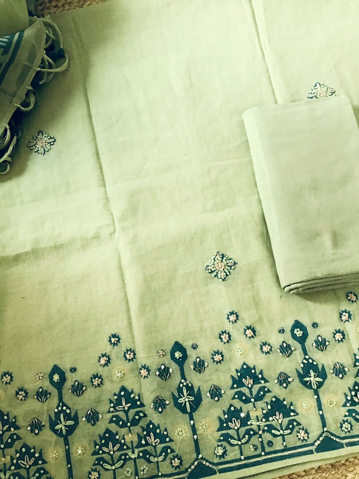 Soft Slub Chanderi Jamdani Weaved Embroidered Suit - Green