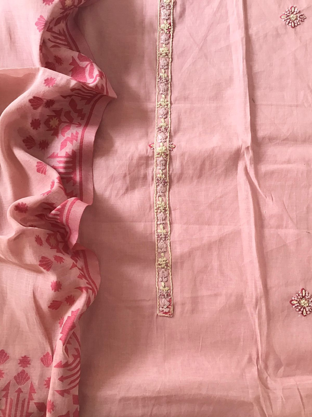 Soft Slub Chanderi Jamdani Weaved Embroidered Suit - Pink