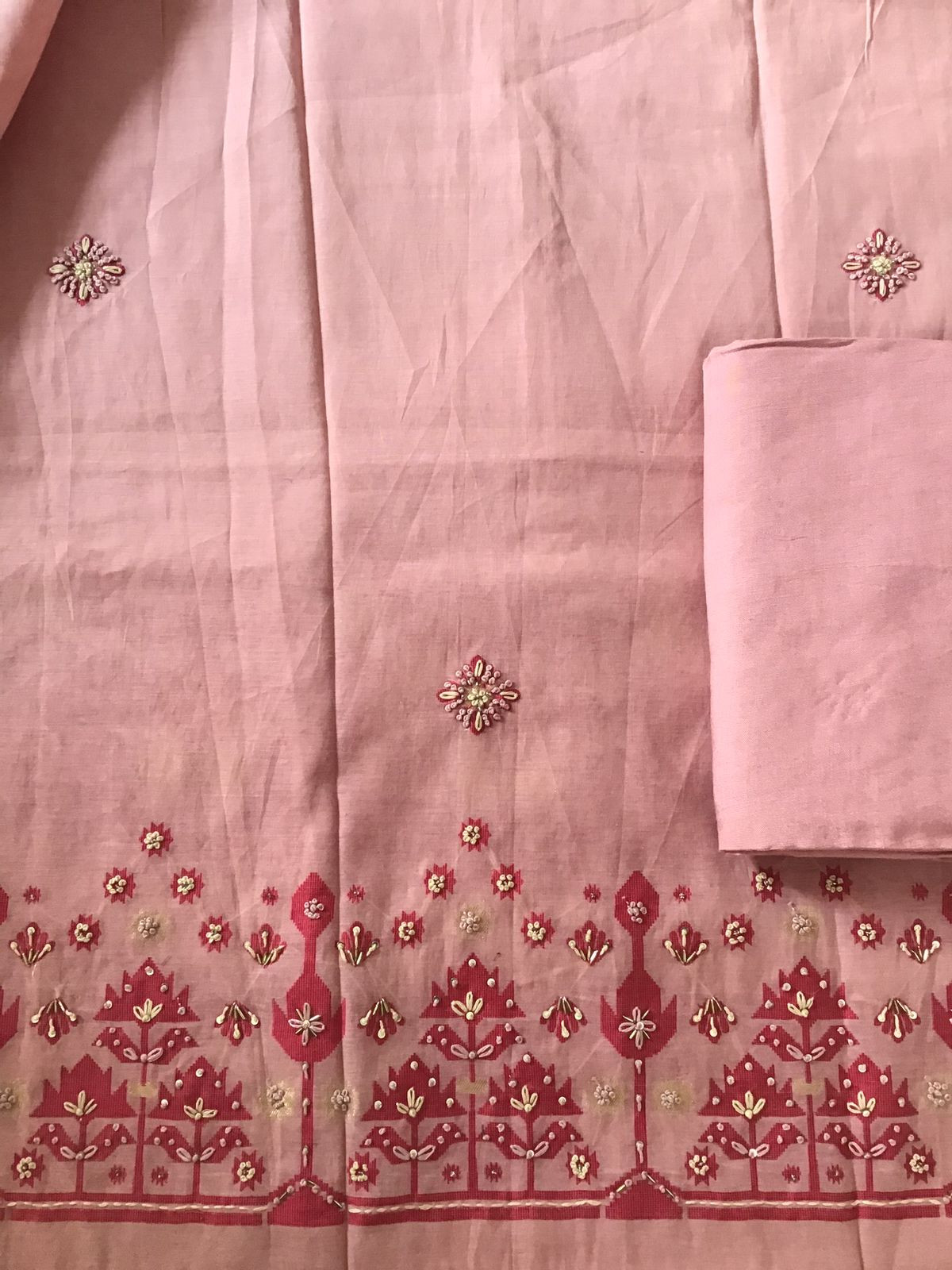 Soft Slub Chanderi Jamdani Weaved Embroidered Suit - Pink