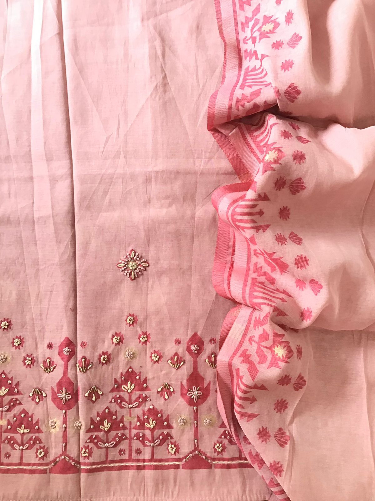 Soft Slub Chanderi Jamdani Weaved Embroidered Suit - Pink