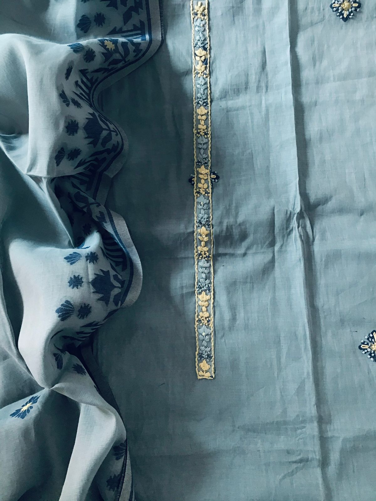 Soft Slub Chanderi Jamdani Weaved Embroidered Suit - Blue