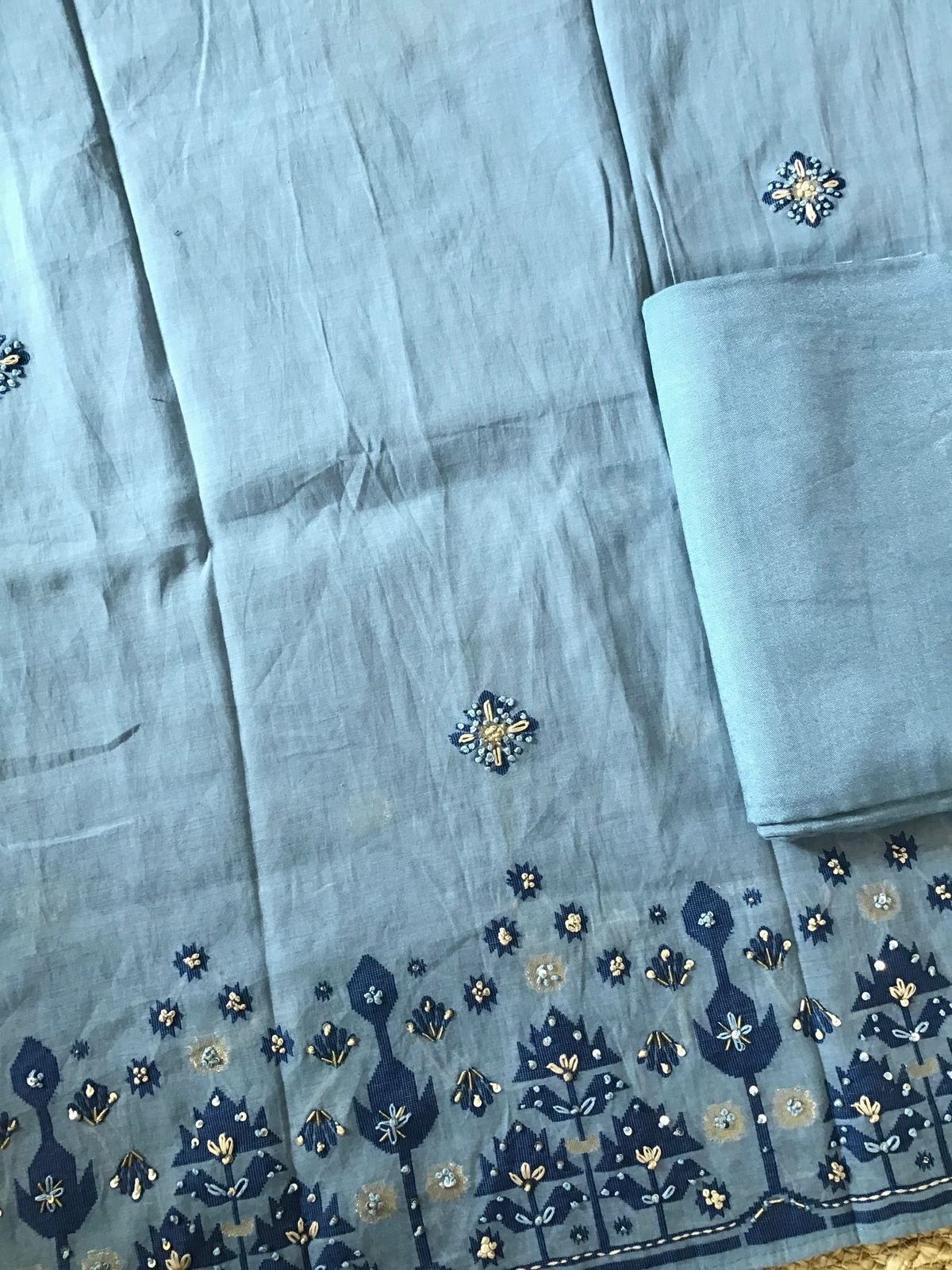 Soft Slub Chanderi Jamdani Weaved Embroidered Suit - Blue