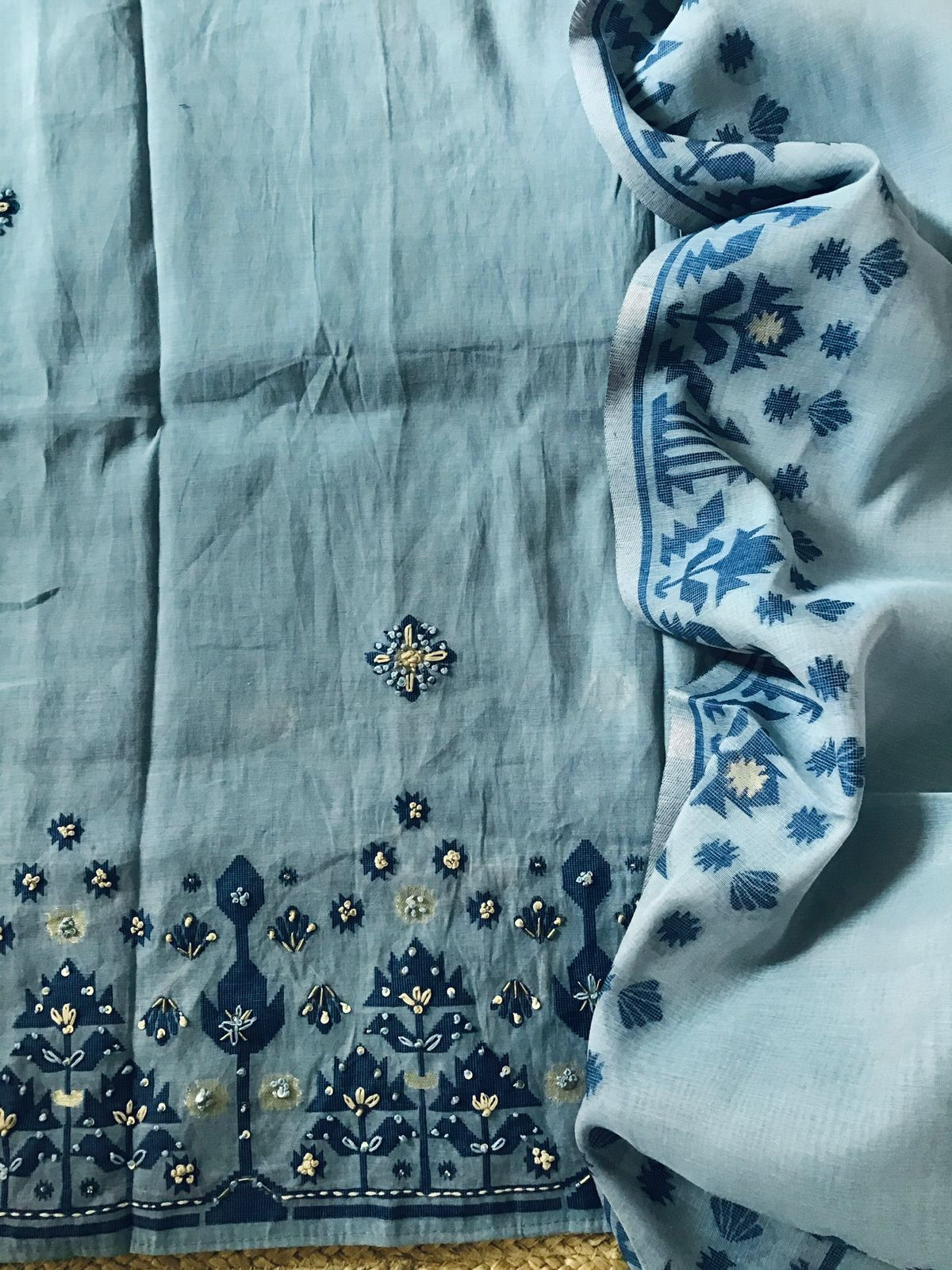 Soft Slub Chanderi Jamdani Weaved Embroidered Suit - Blue