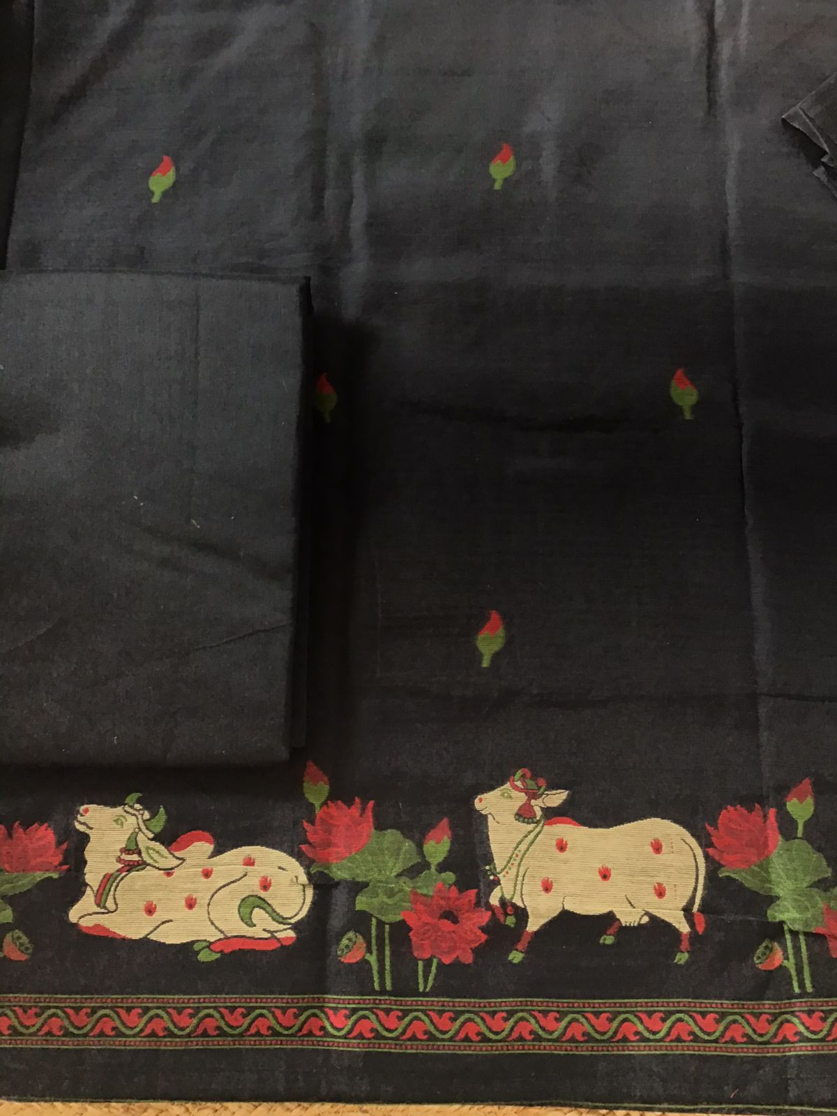 Soft Slub Chanderi - Jamdani Weaved Suit - Black