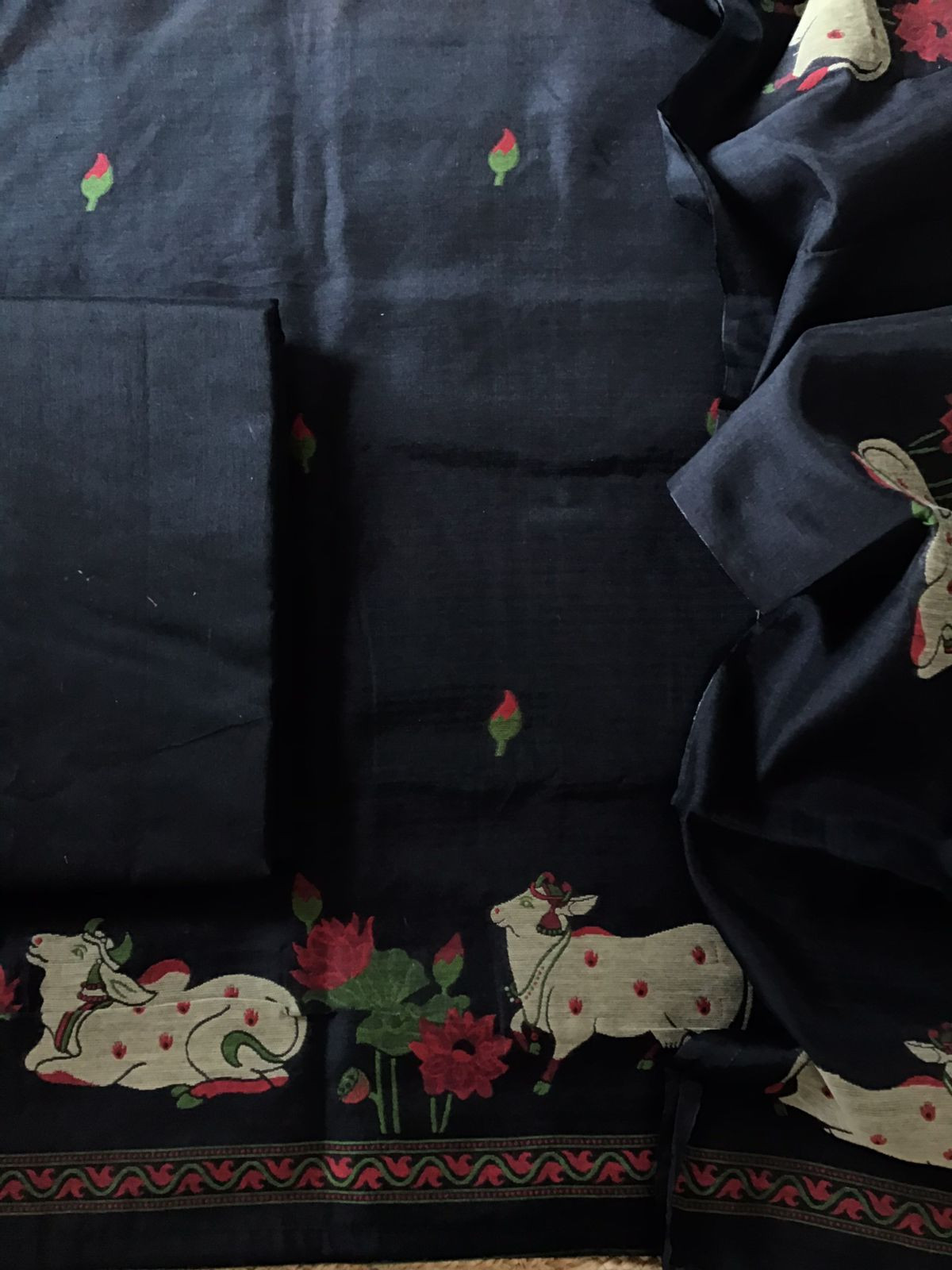 Soft Slub Chanderi - Jamdani Weaved Suit - Black