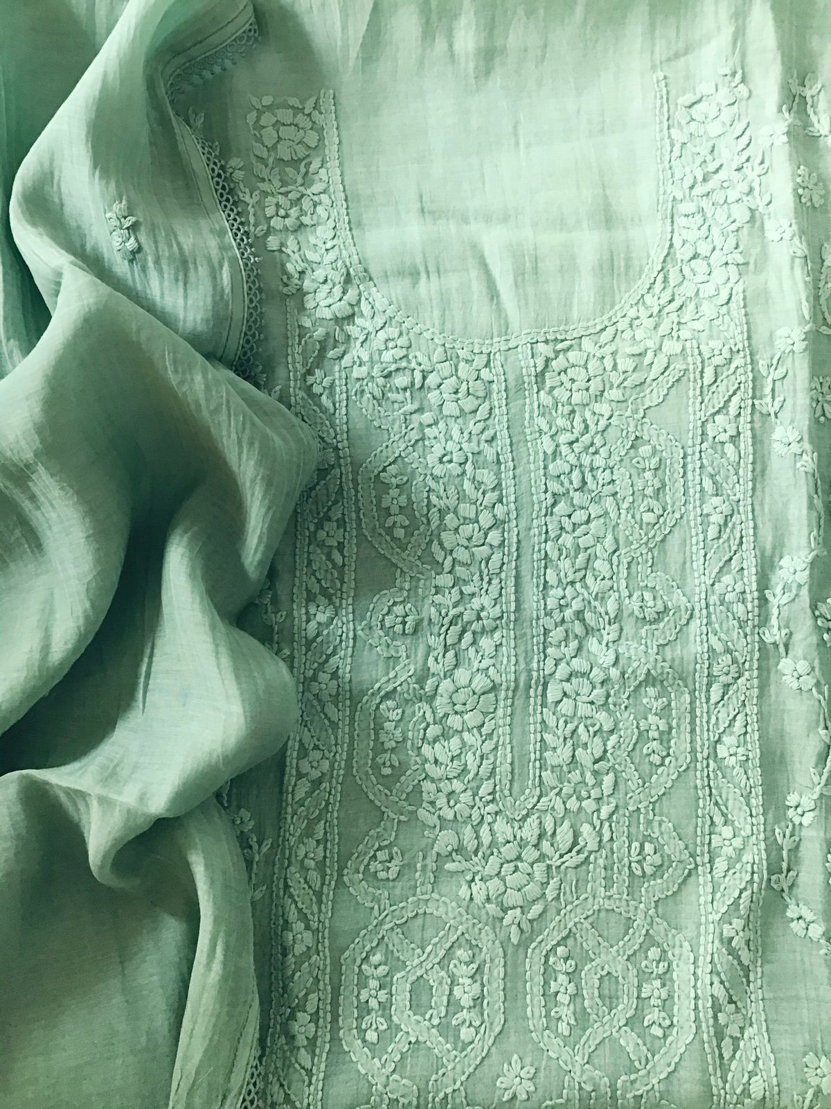 Pure Mul Chanderi Embroidered Suit - Green