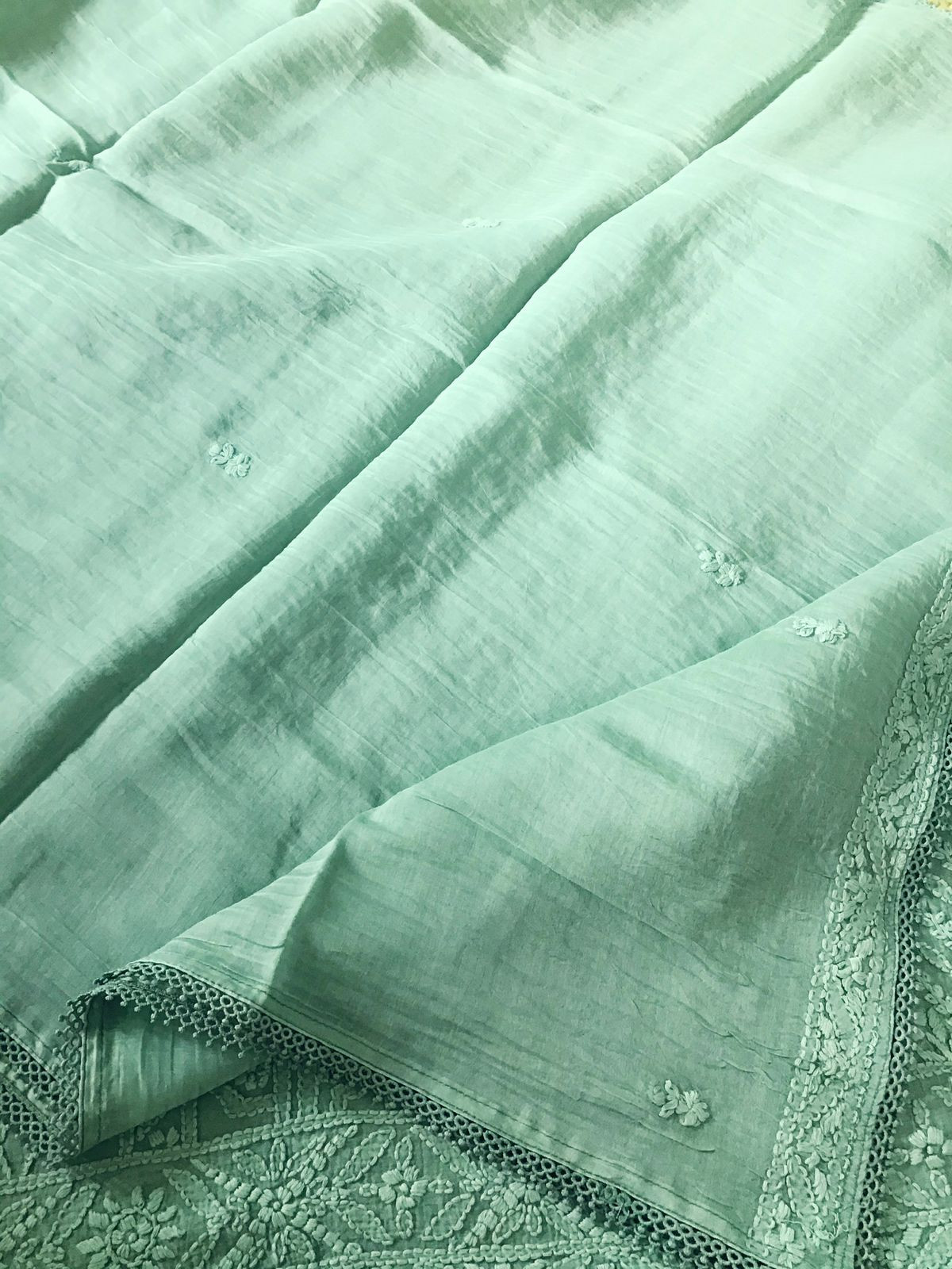 Pure Mul Chanderi Embroidered Suit - Green