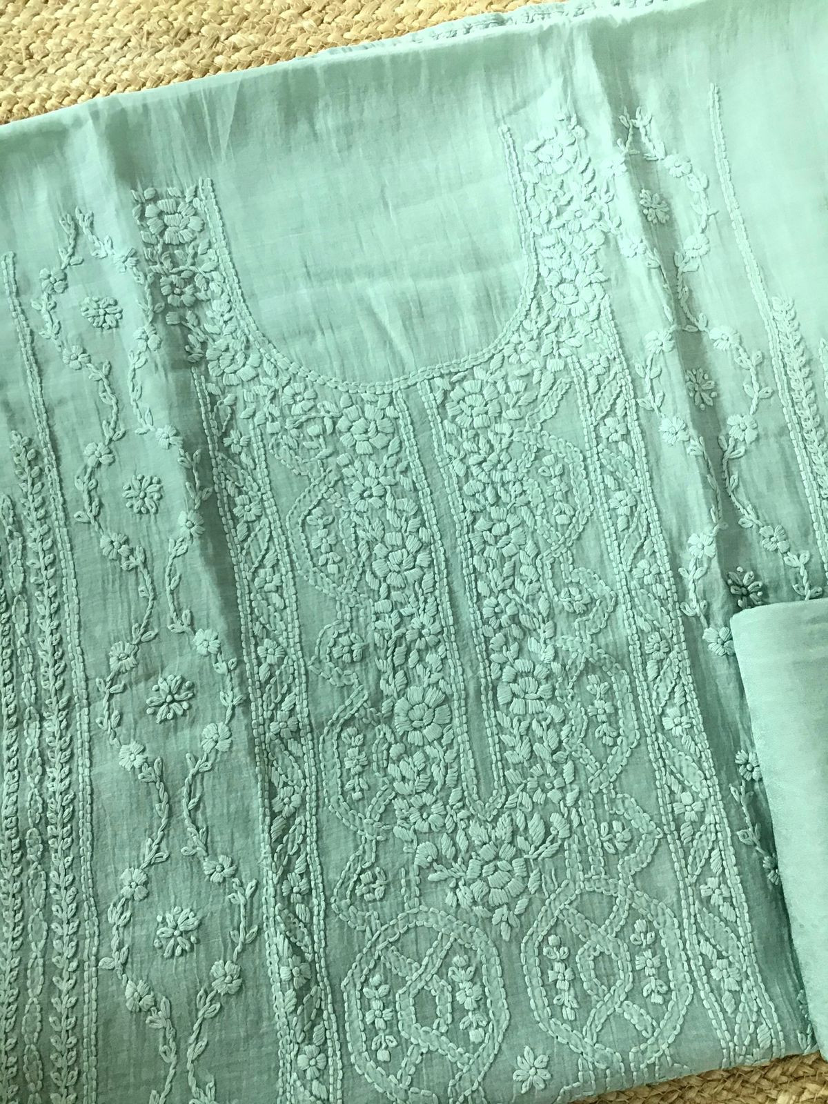 Pure Mul Chanderi Embroidered Suit - Green