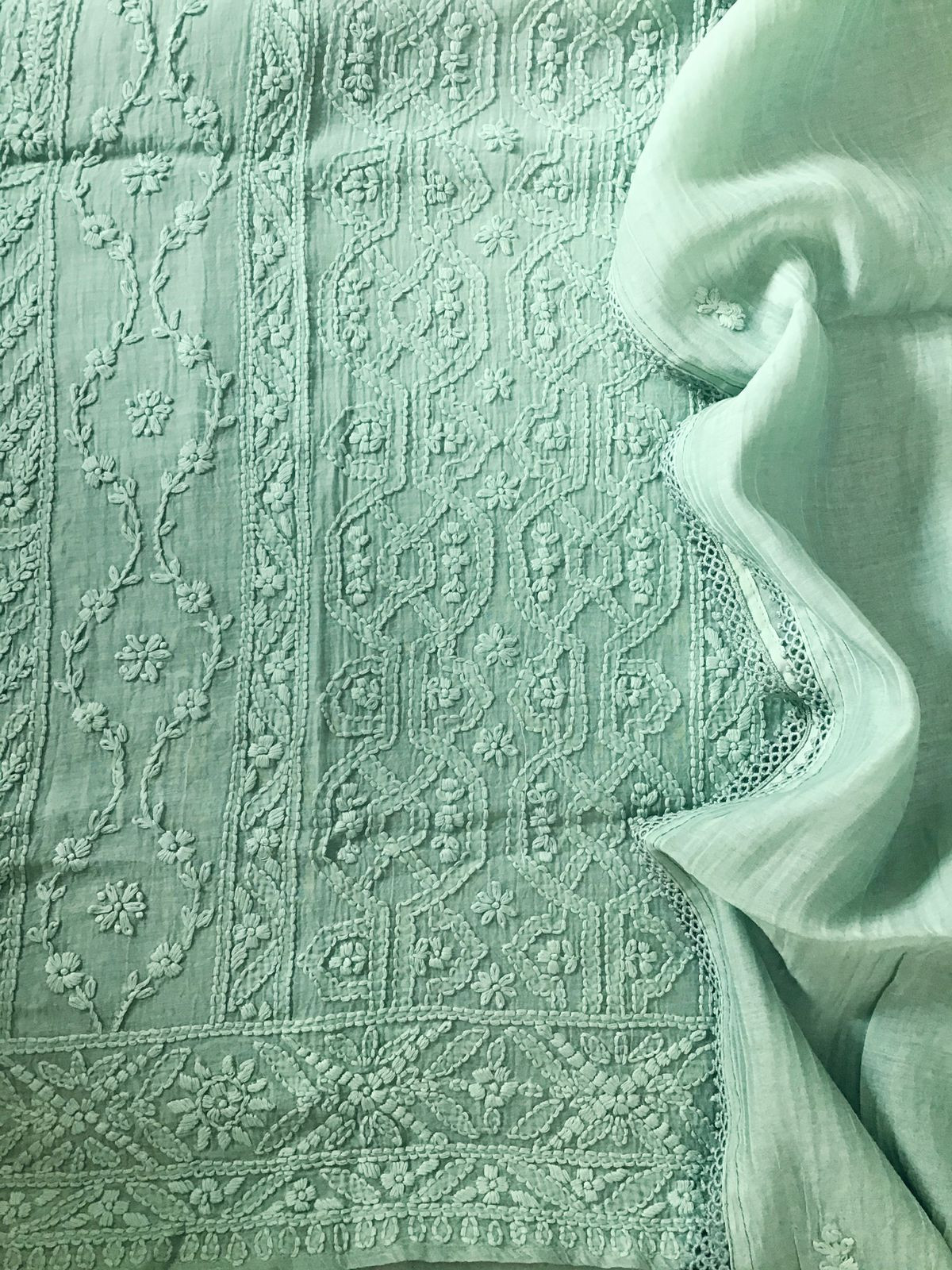 Pure Mul Chanderi Embroidered Suit - Green